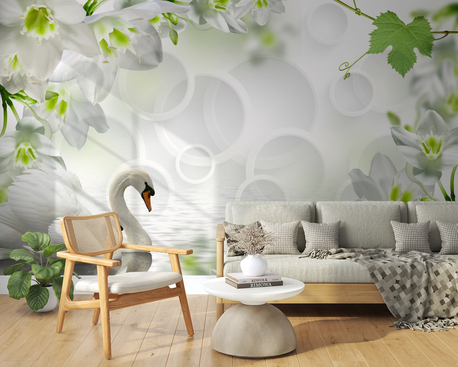 Fotobehang witte bloemen op een meer tussen zwanen