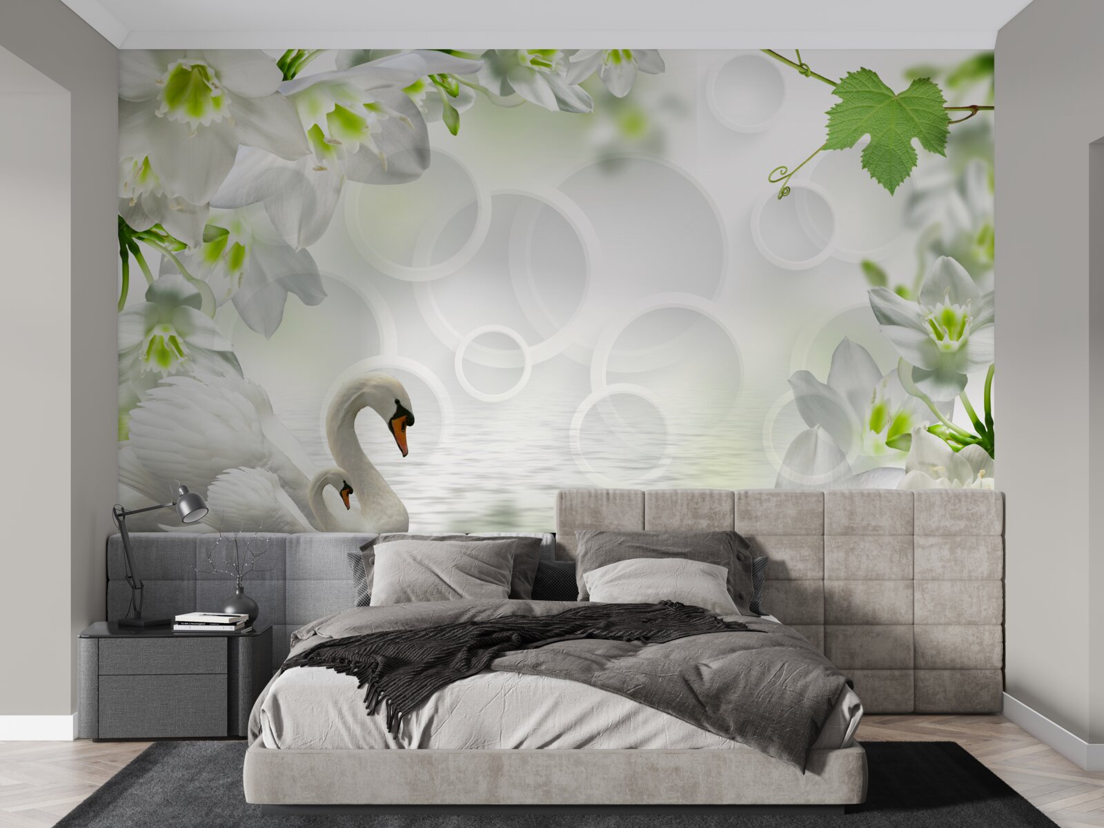 Fotobehang witte bloemen op een meer tussen zwanen