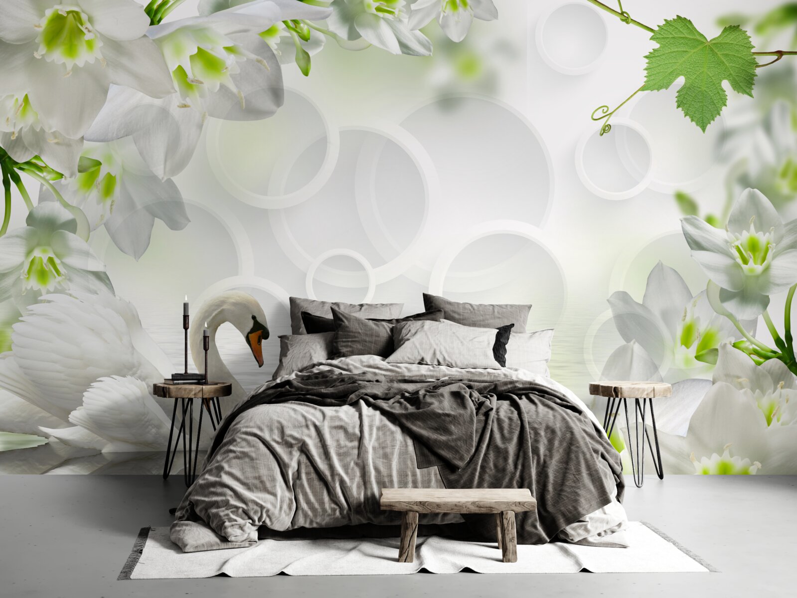 Fotobehang witte bloemen op een meer tussen zwanen