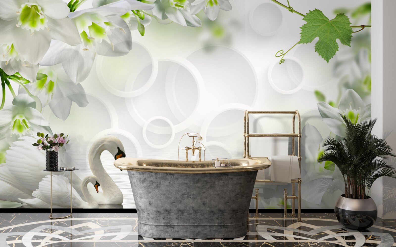 Fotobehang witte bloemen op een meer tussen zwanen