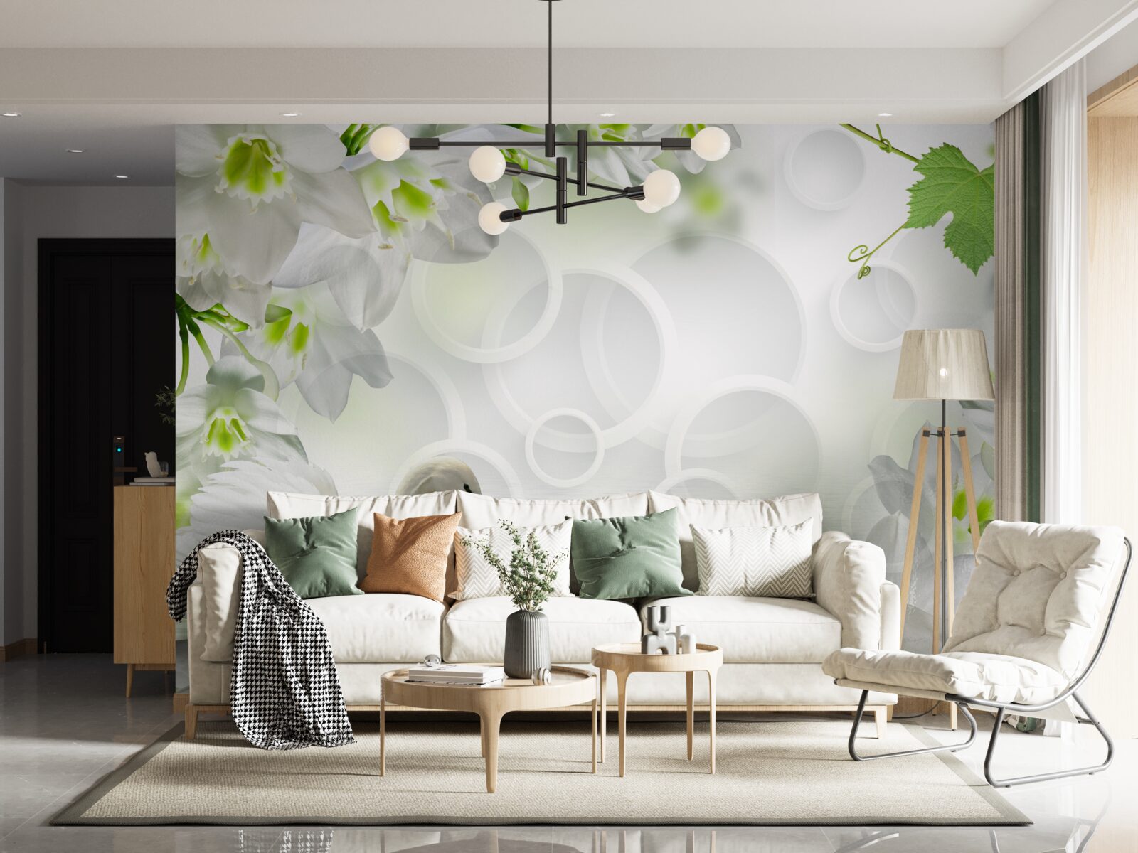 Fotobehang witte bloemen op een meer tussen zwanen