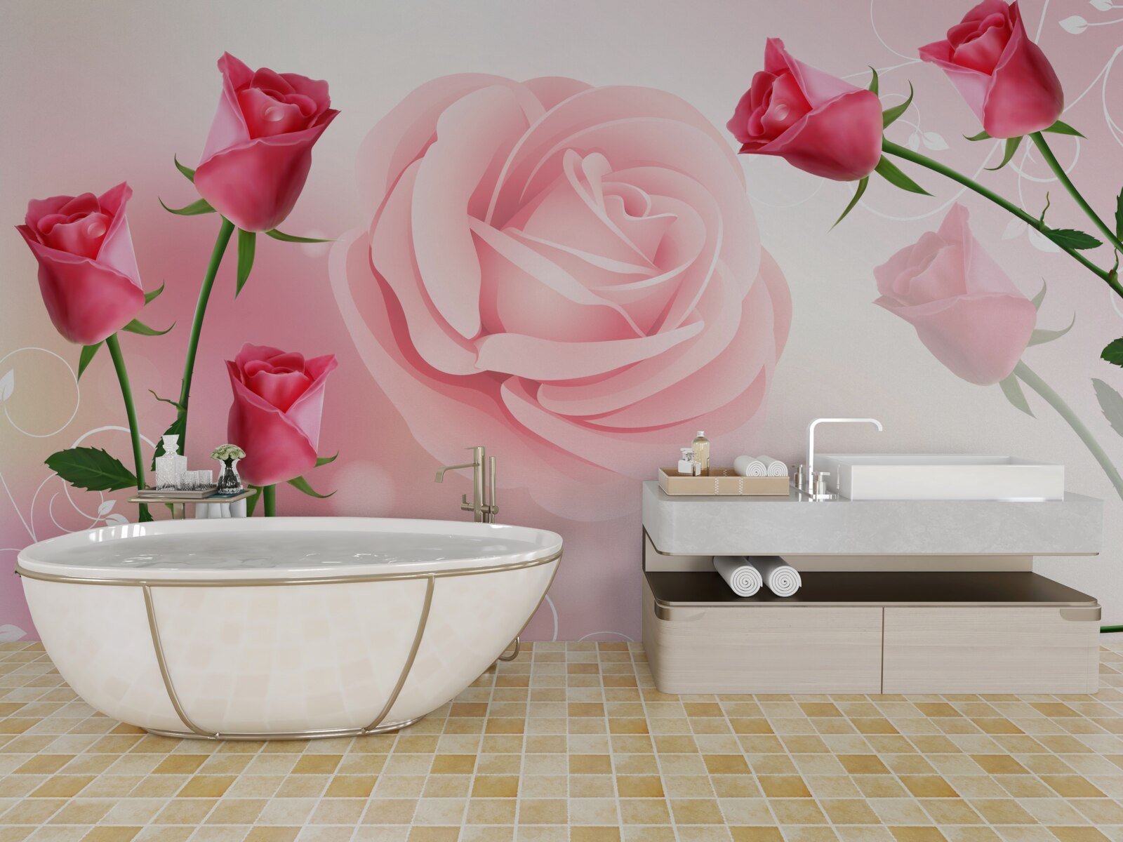 Fotobehang set roze rozenknoppen