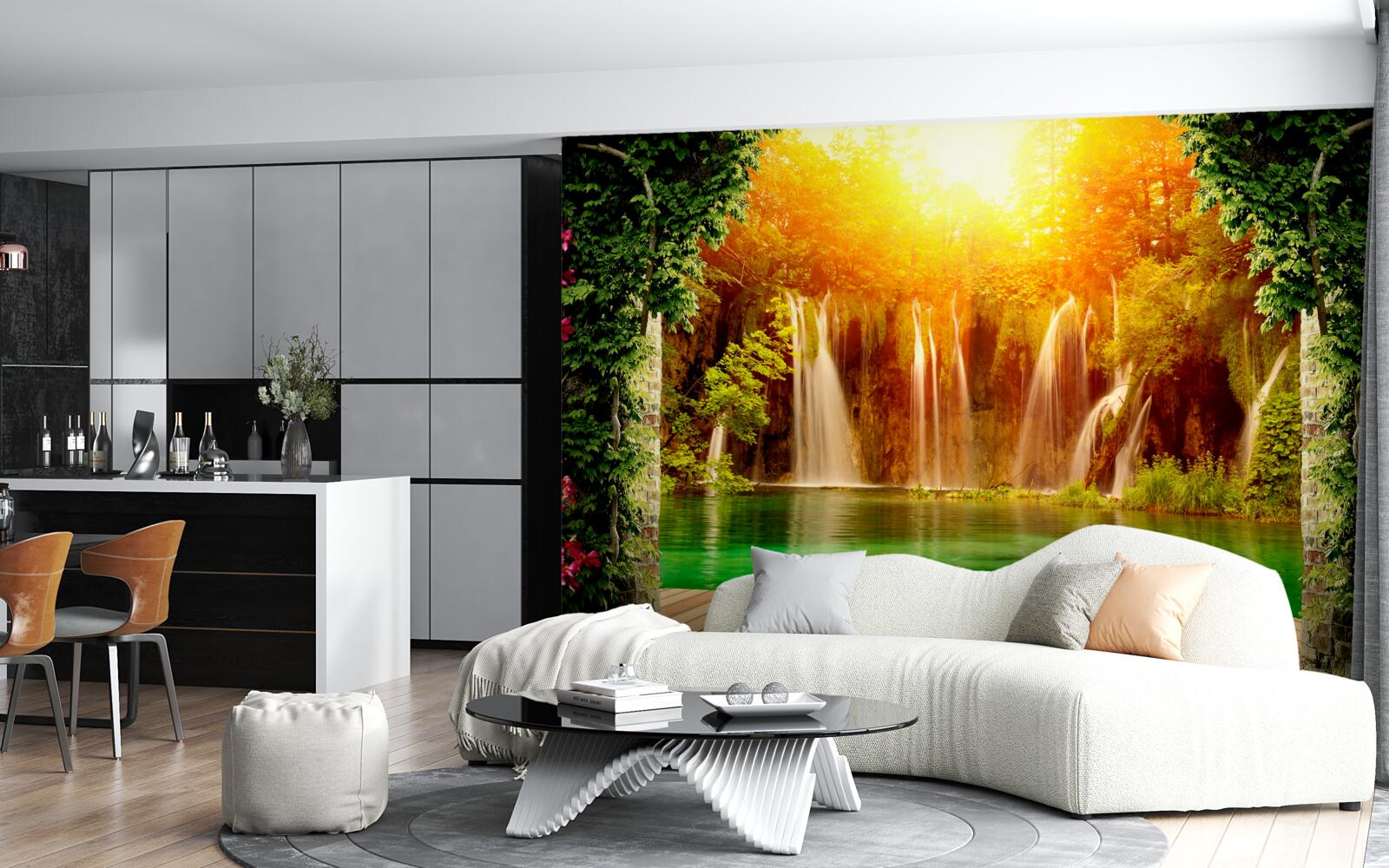 Fotobehang ongelofelijke zonsondergang bij een vallende waterval