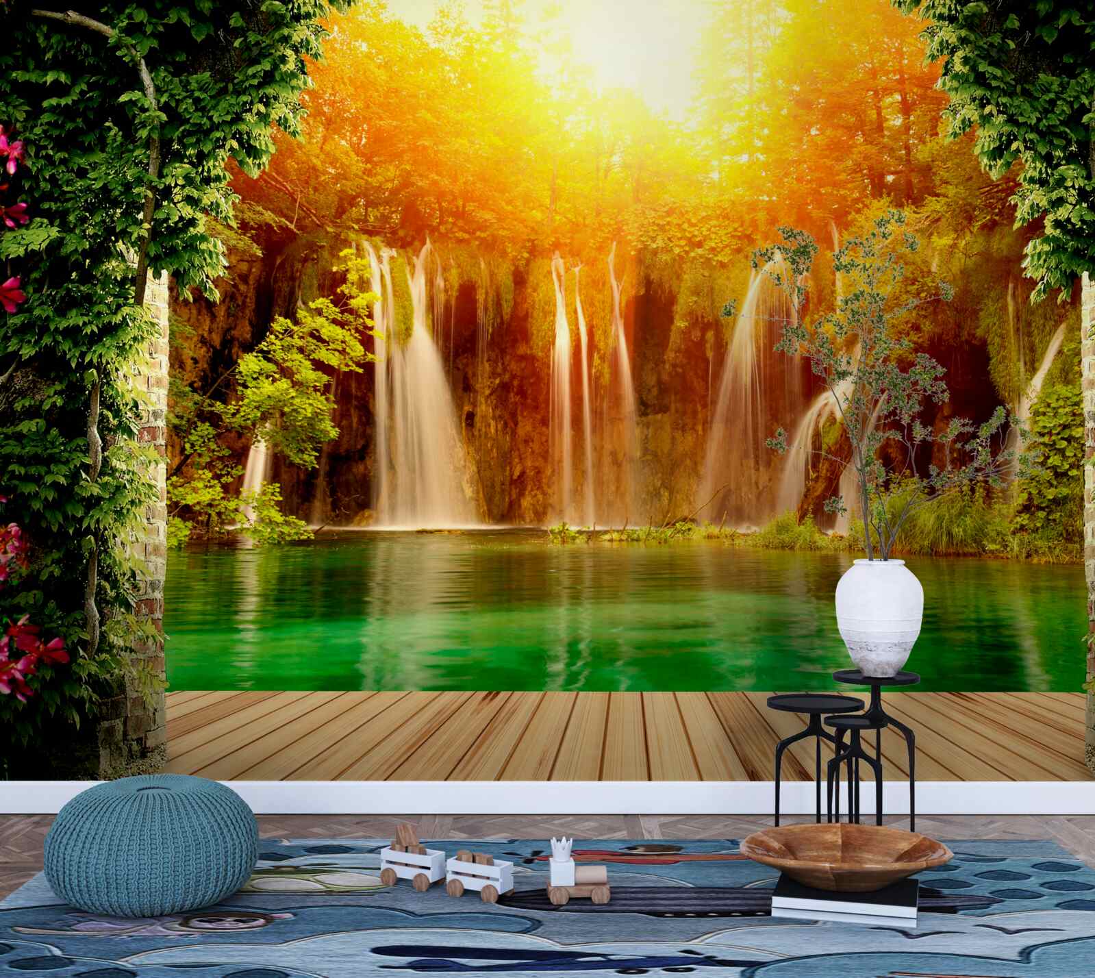 Fotobehang ongelofelijke zonsondergang bij een vallende waterval