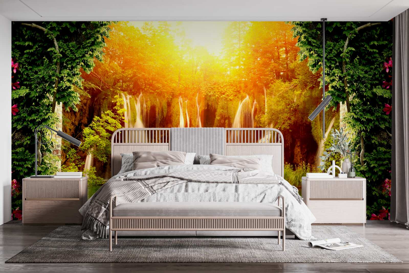 Fotobehang ongelofelijke zonsondergang bij een vallende waterval