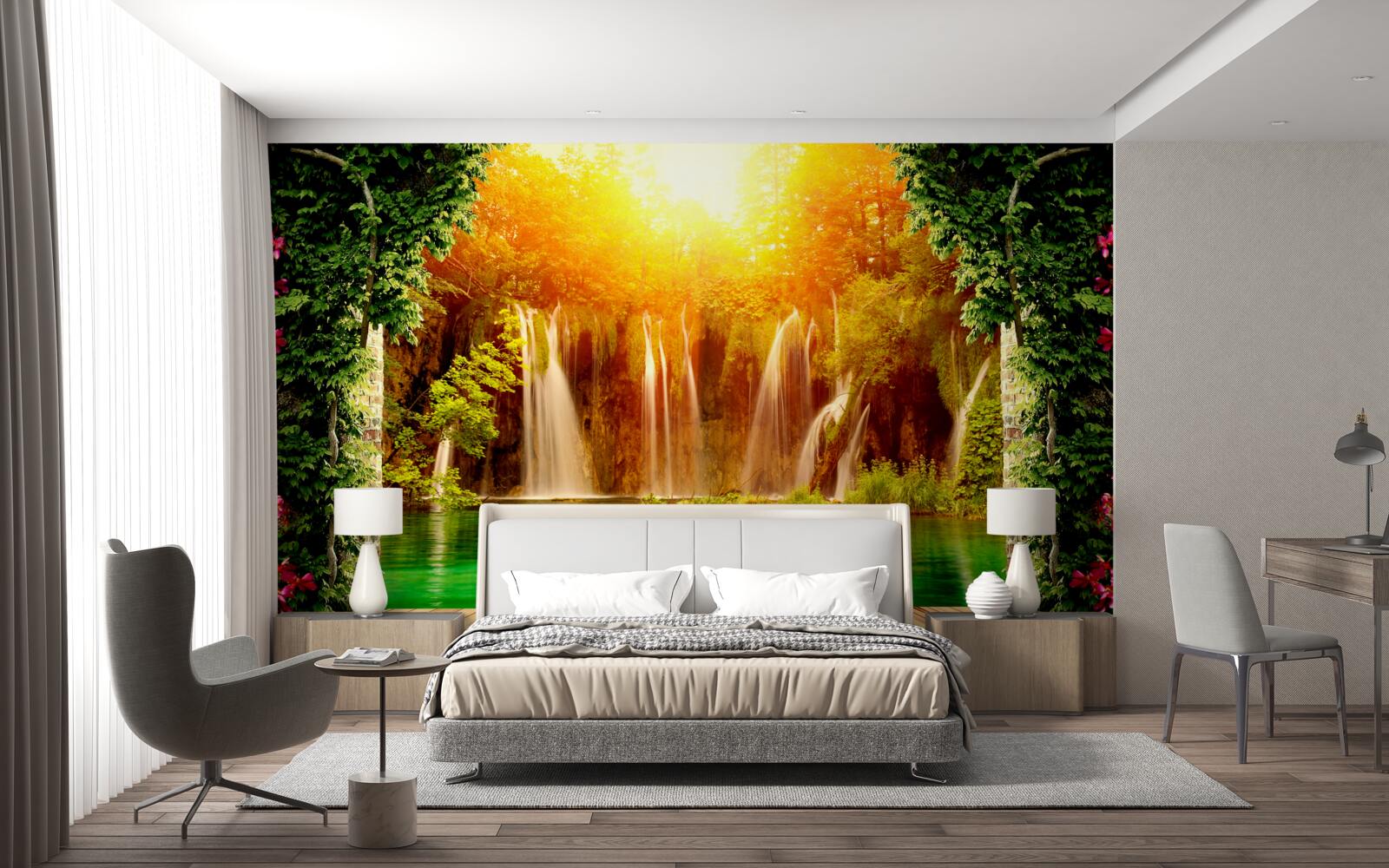 Fotobehang ongelofelijke zonsondergang bij een vallende waterval