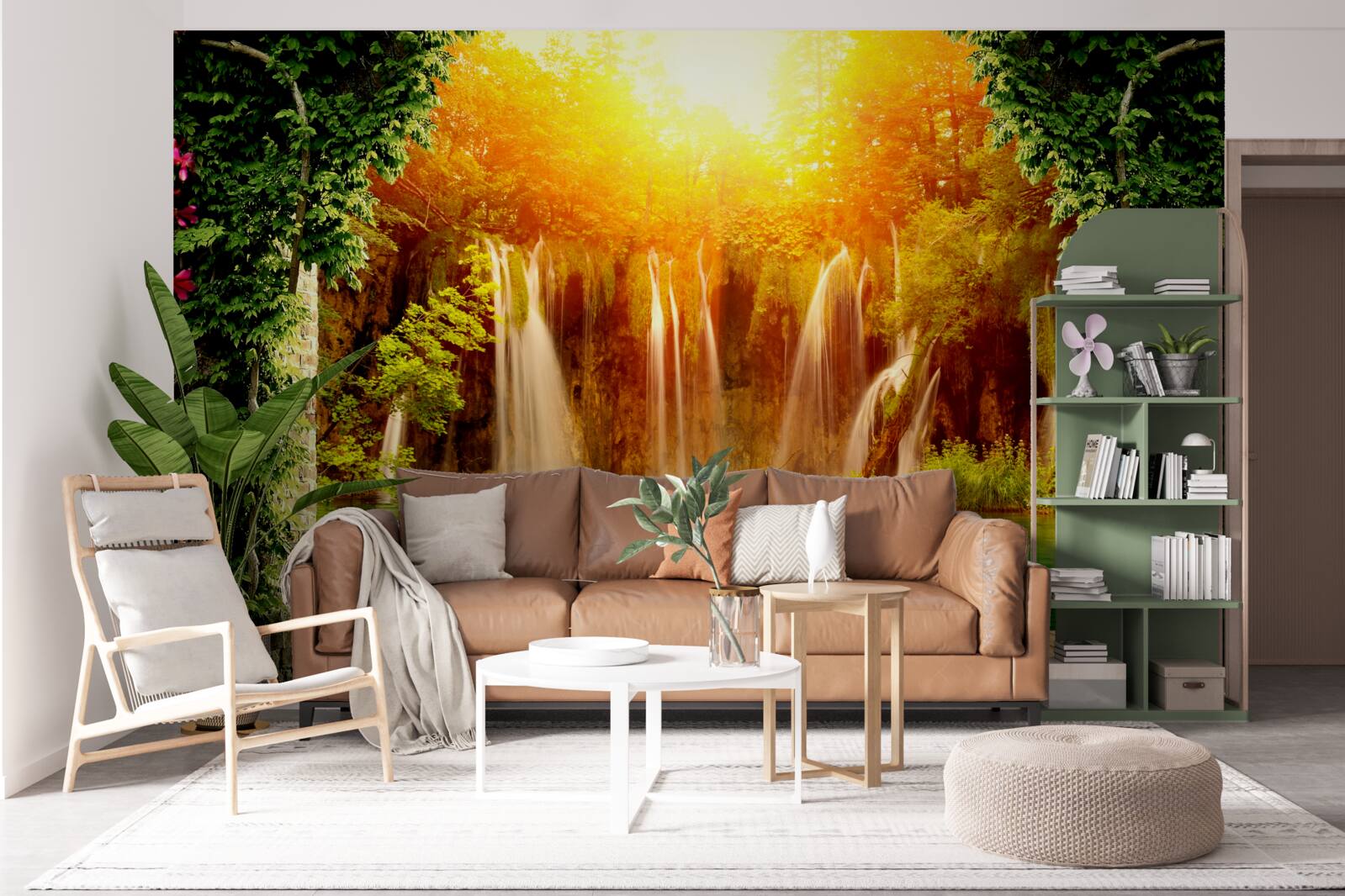 Fotobehang ongelofelijke zonsondergang bij een vallende waterval