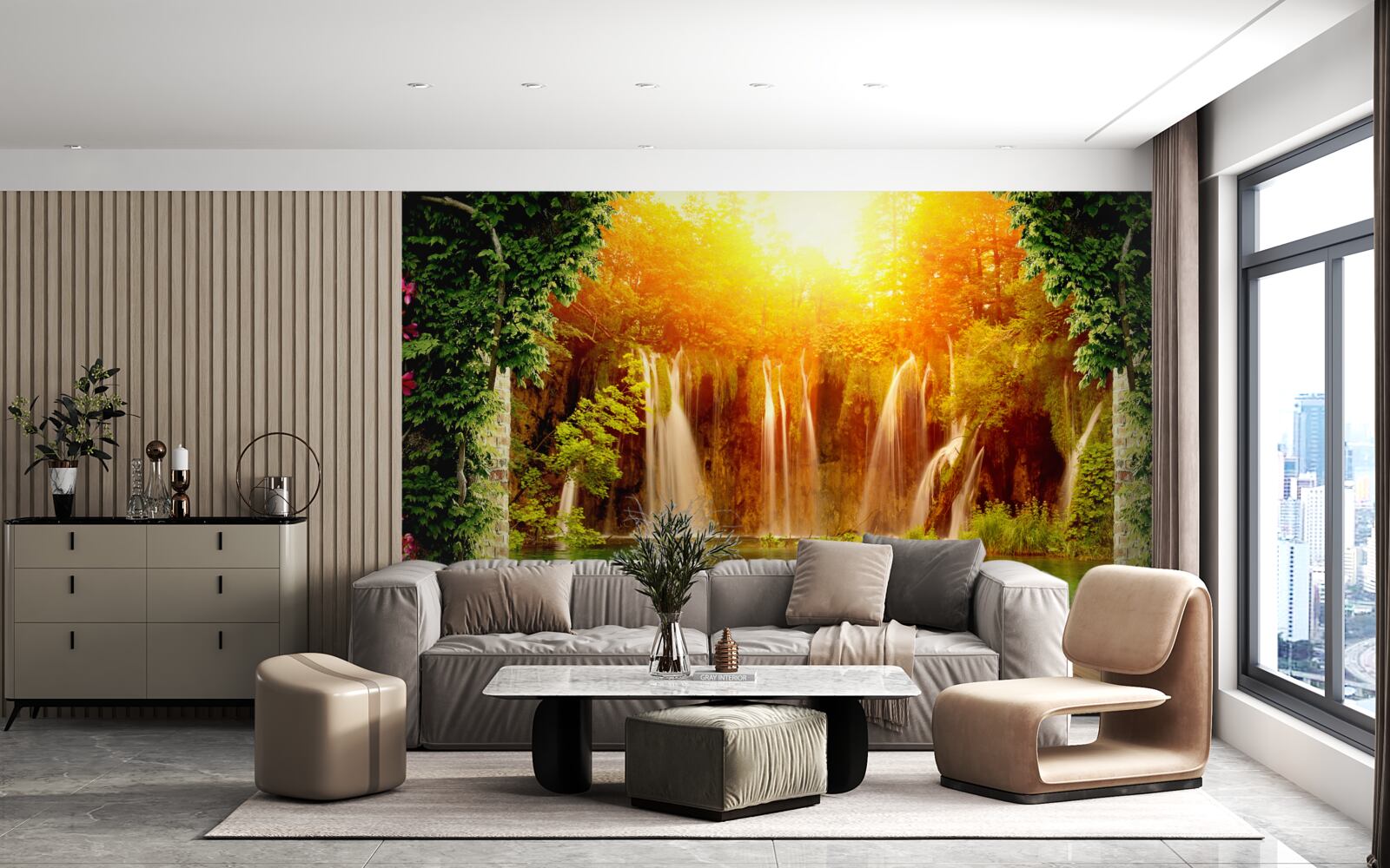 Fotobehang ongelofelijke zonsondergang bij een vallende waterval