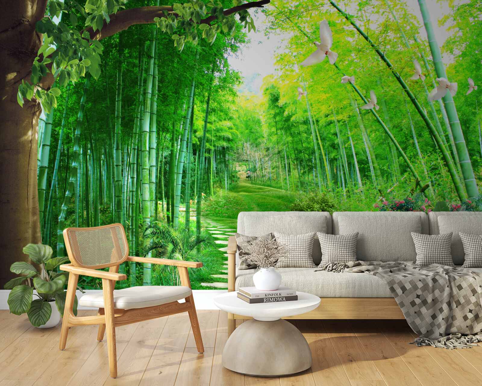 Fotobehang verbazingwekkende kleuren in het bamboebos en op het pad