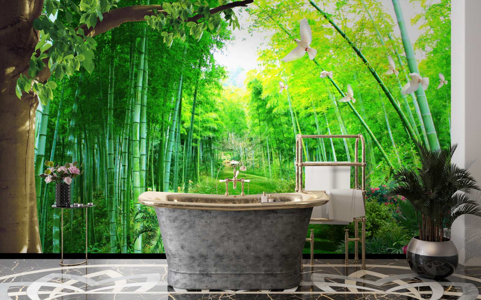 Fotobehang verbazingwekkende kleuren in het bamboebos en op het pad