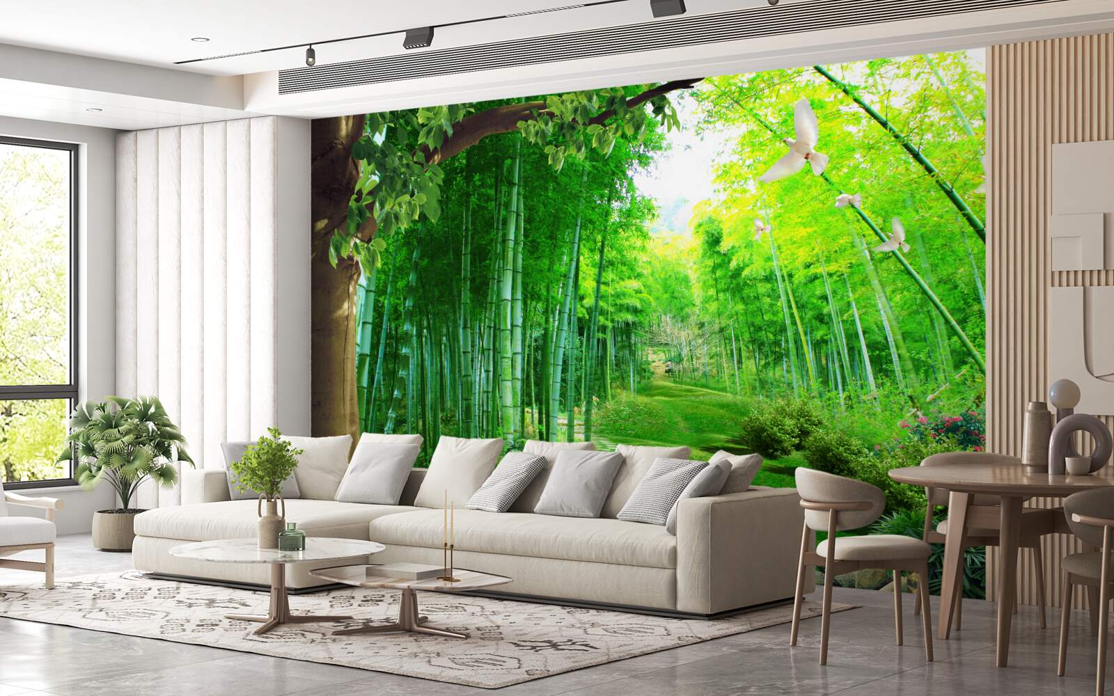 Fotobehang verbazingwekkende kleuren in het bamboebos en op het pad