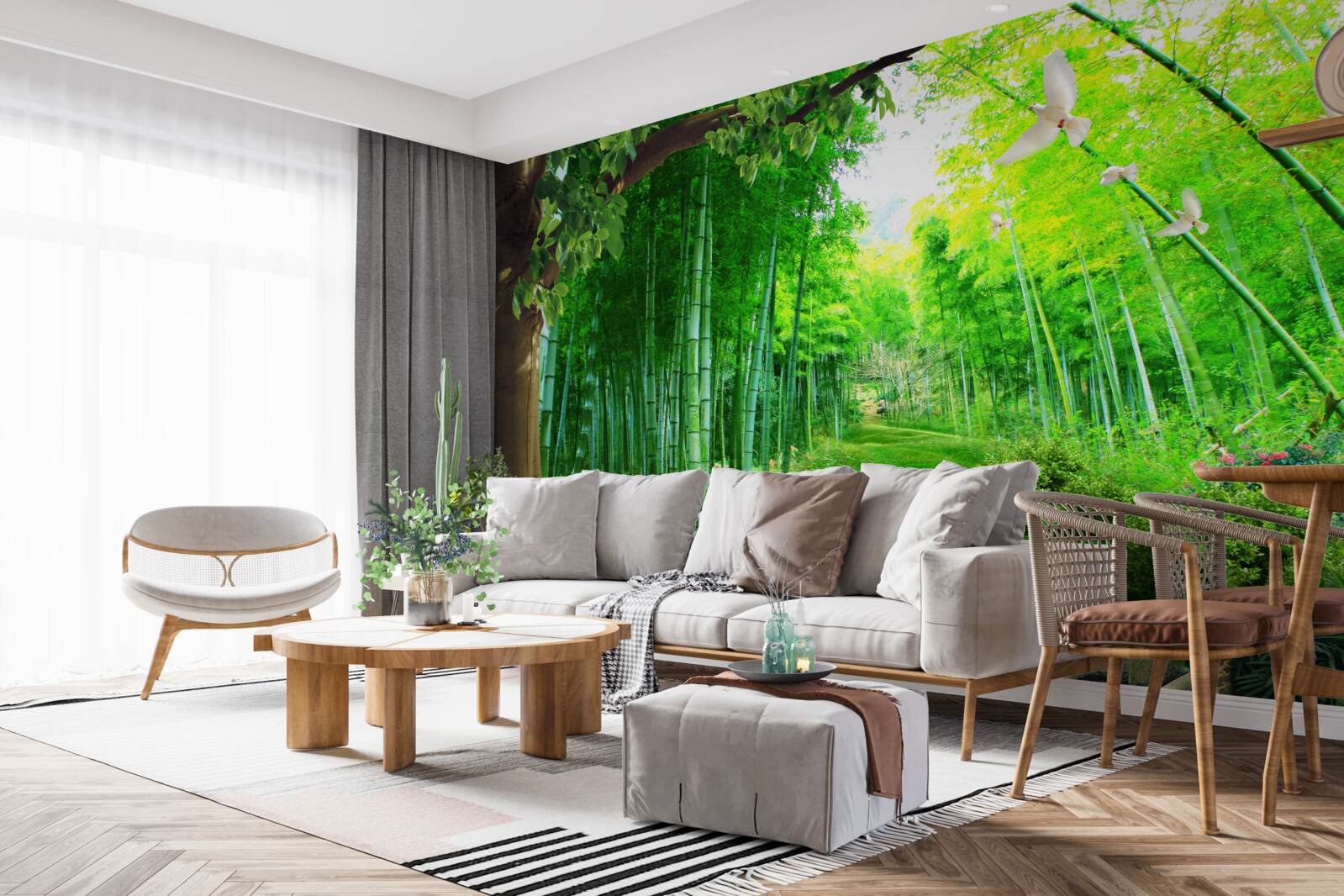 Fotobehang verbazingwekkende kleuren in het bamboebos en op het pad