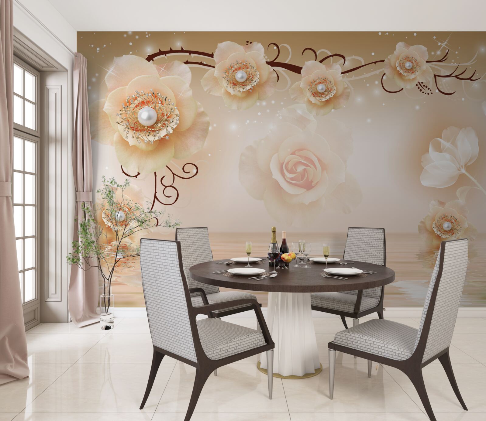 Fotobehang witte parelrozen