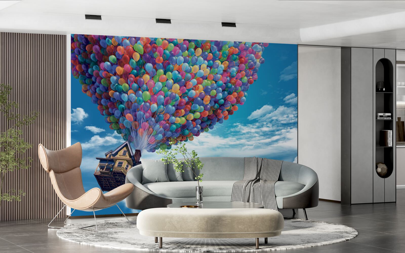 Fotobehang een huis met veel vliegende ballen