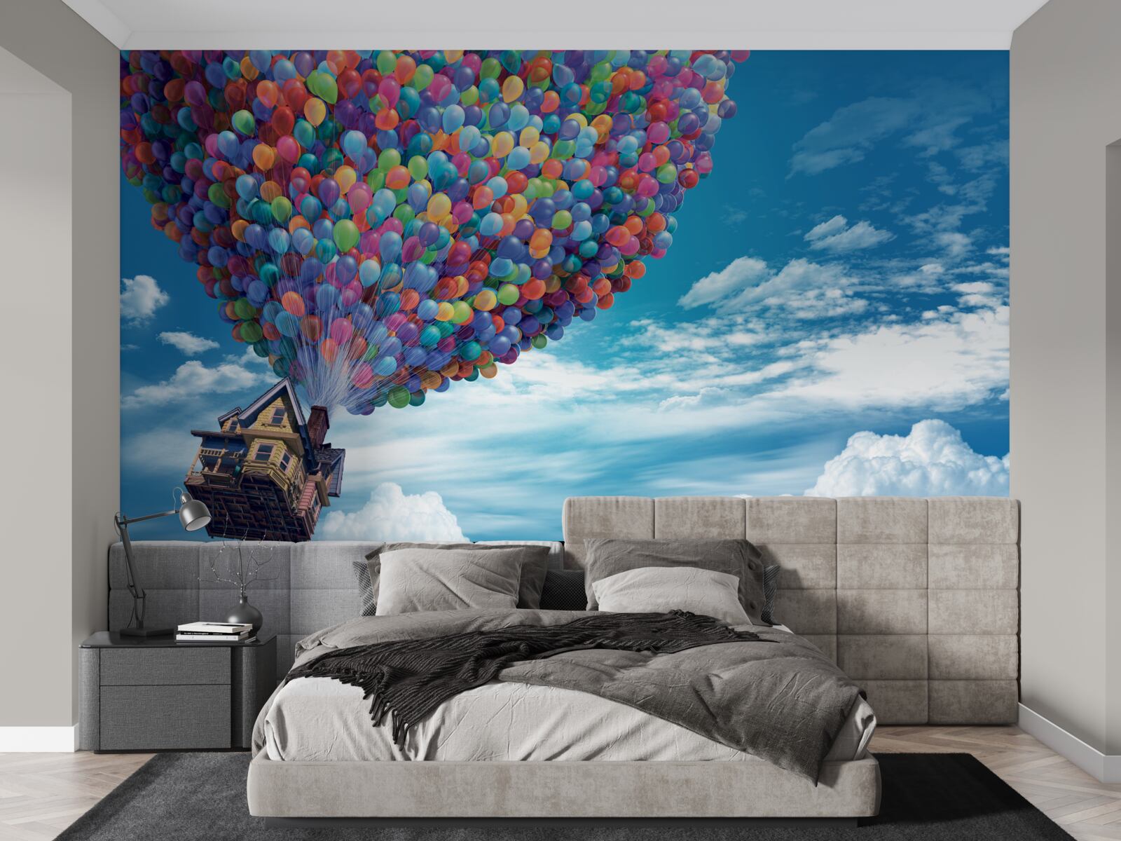 Fotobehang een huis met veel vliegende ballen