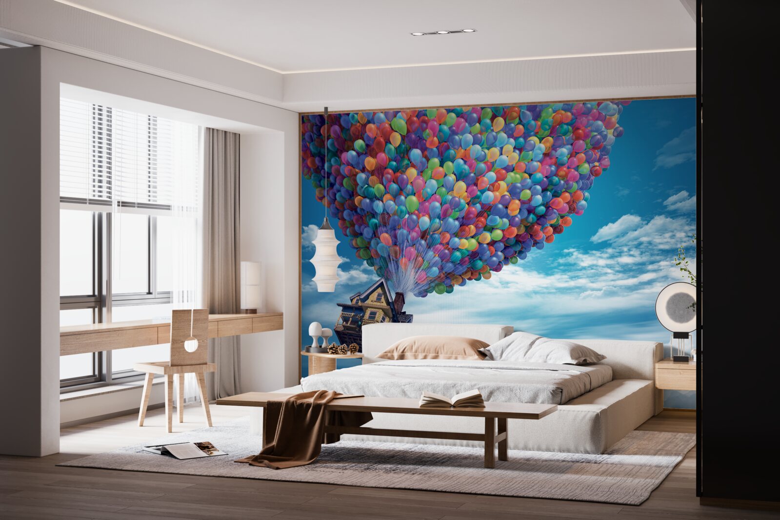 Fotobehang een huis met veel vliegende ballen