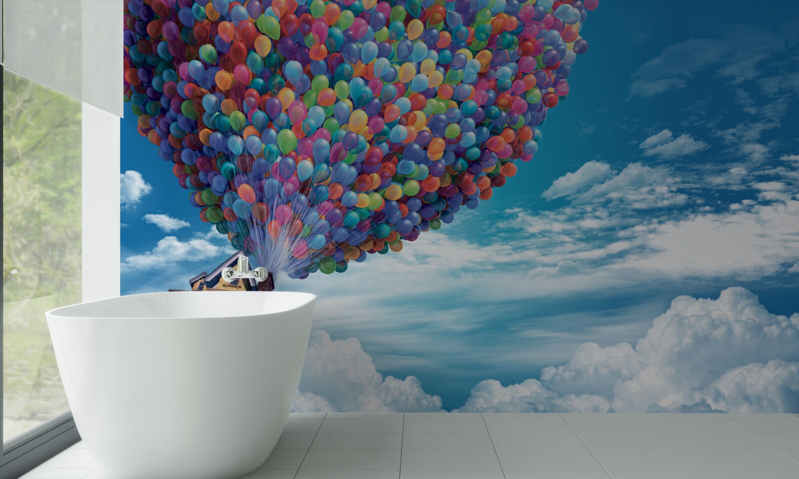 Fotobehang een huis met veel vliegende ballen