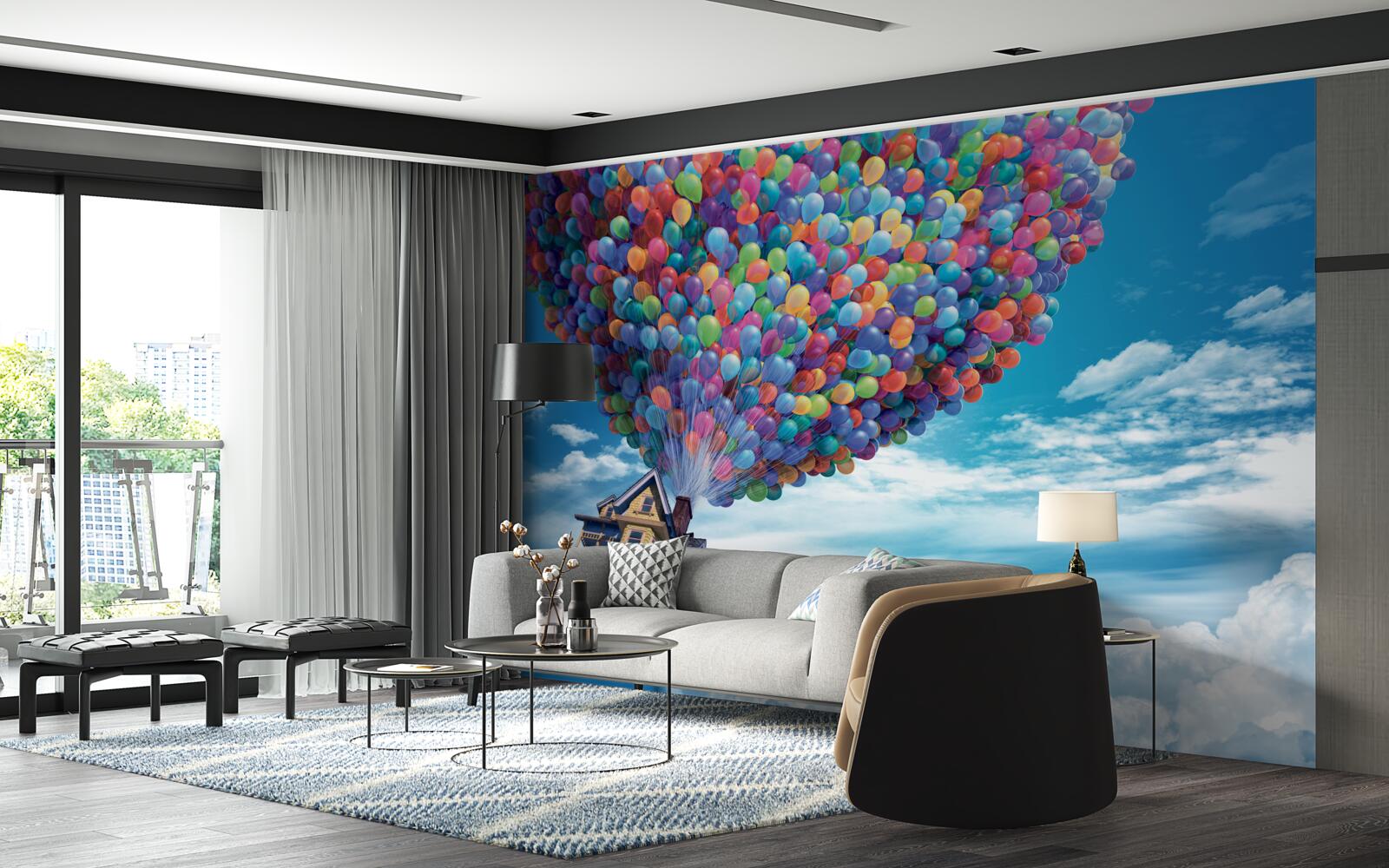 Fotobehang een huis met veel vliegende ballen