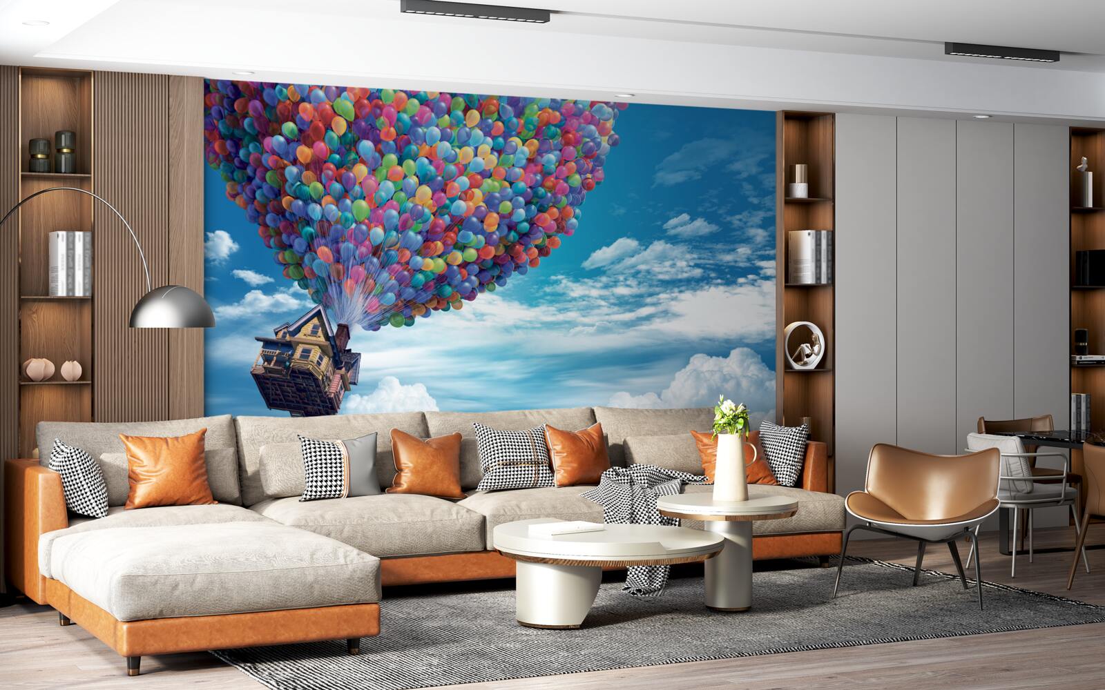 Fotobehang een huis met veel vliegende ballen