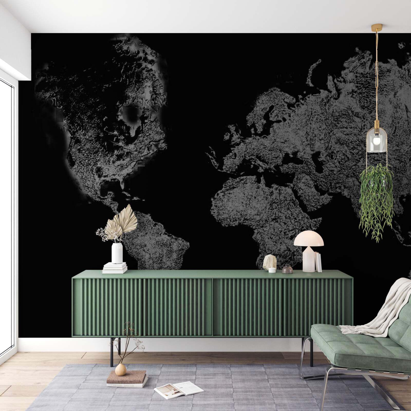 Fotobehang wereldkaart met reliëfprojectie