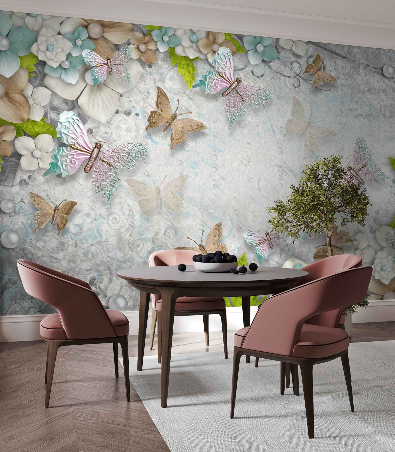 Fotobehang bloemen en vlinders