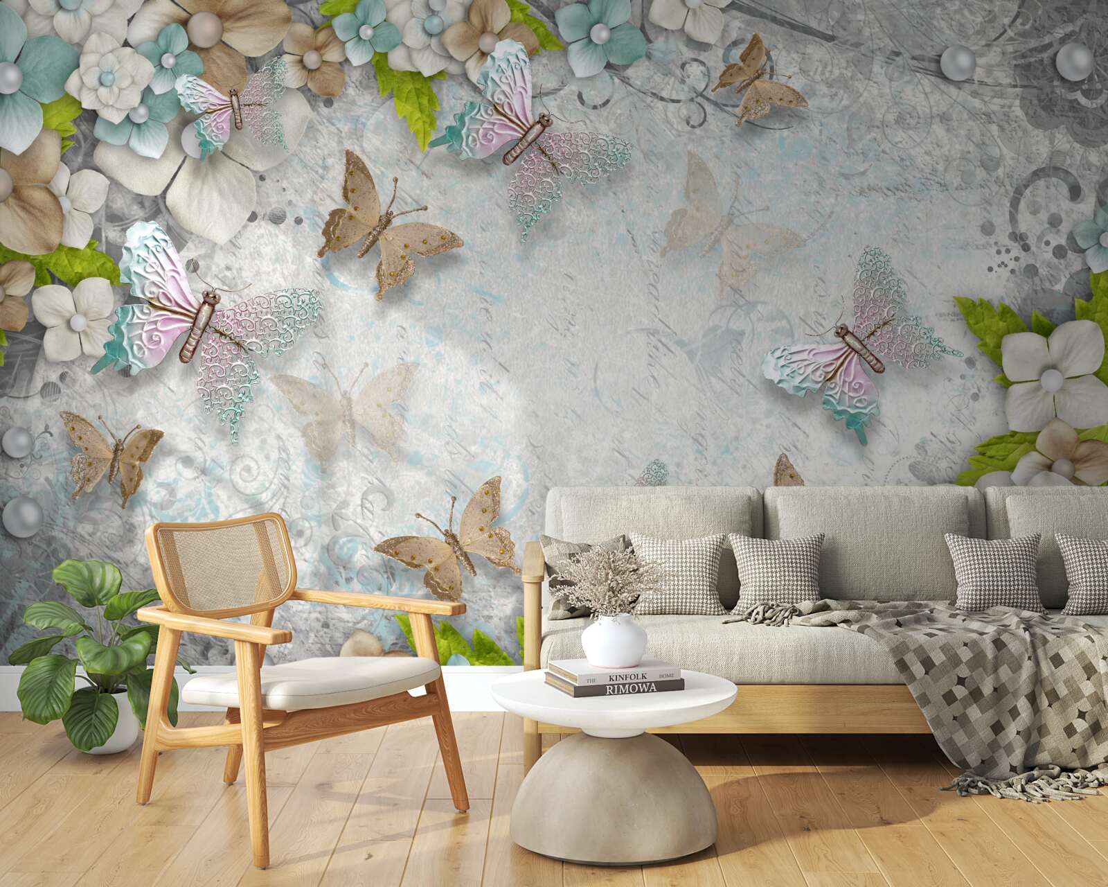 Fotobehang bloemen en vlinders