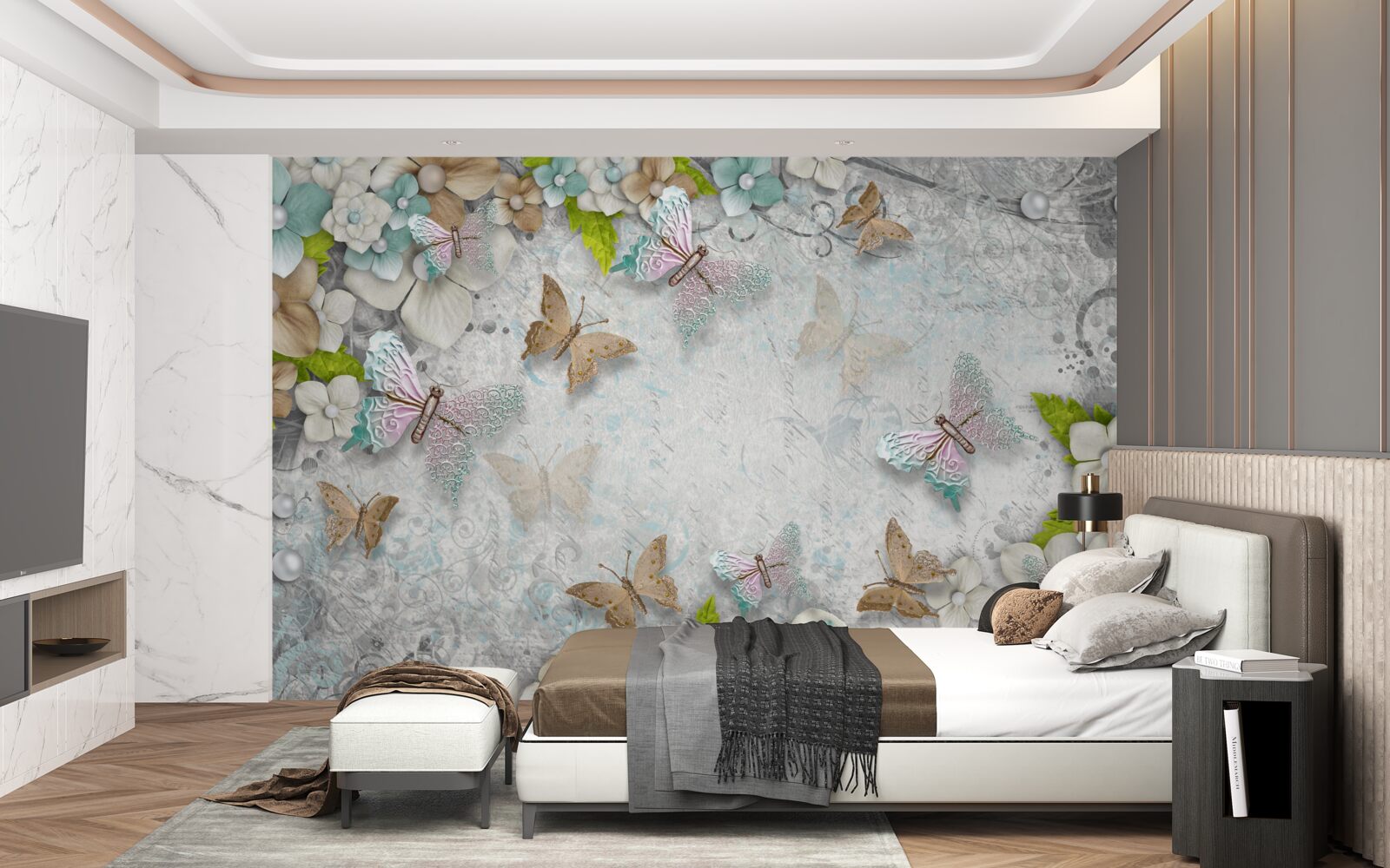 Fotobehang bloemen en vlinders