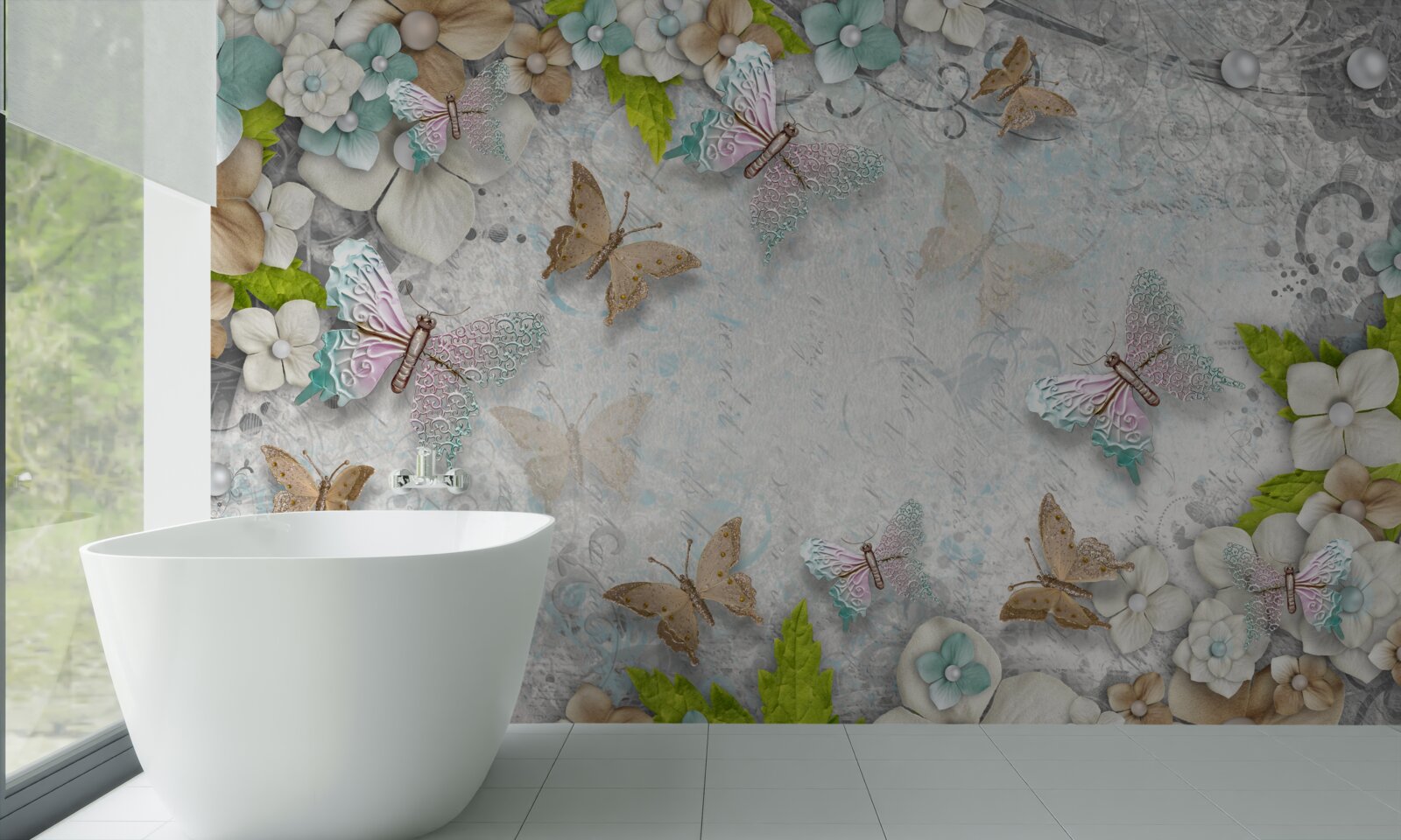 Fotobehang bloemen en vlinders