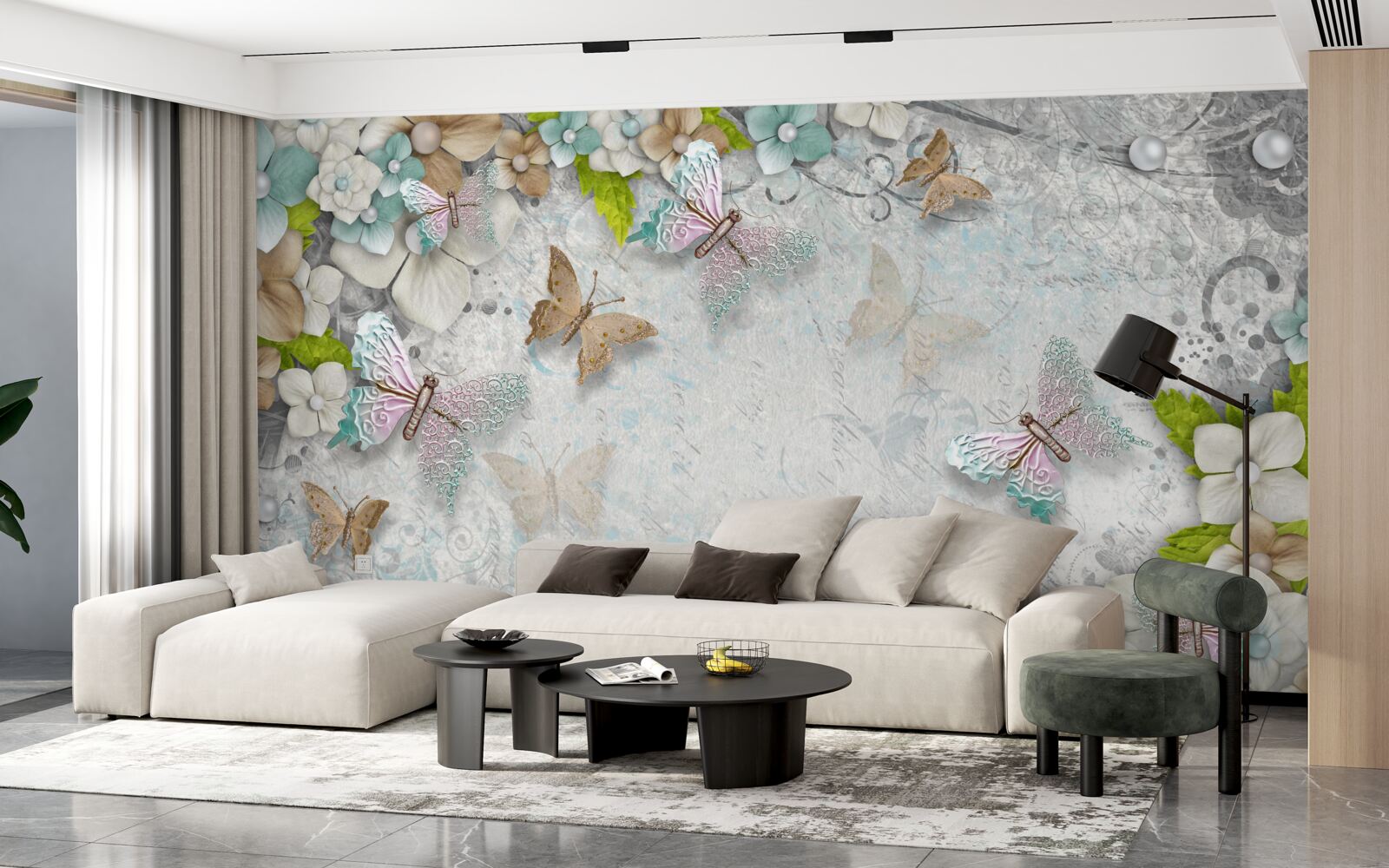 Fotobehang bloemen en vlinders