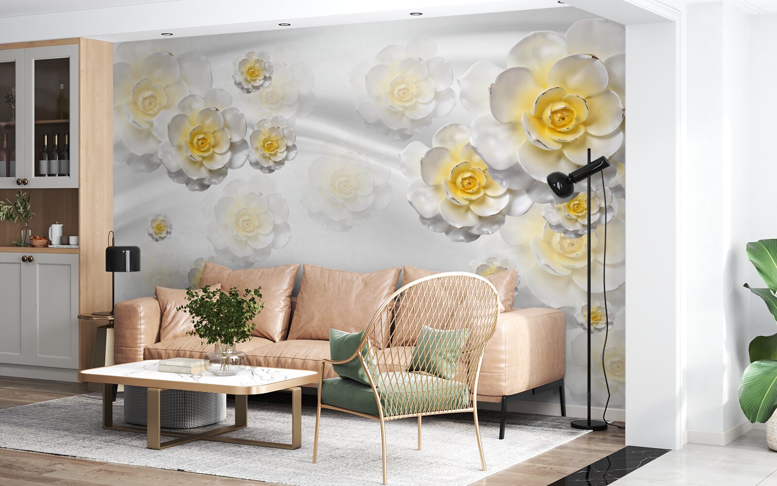 Fotobehang de bloemen zijn sneeuwwit met een geelachtig hart