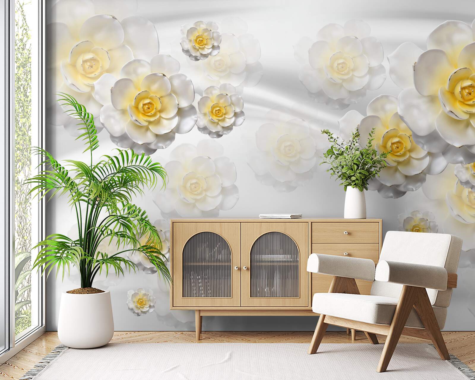 Fotobehang de bloemen zijn sneeuwwit met een geelachtig hart