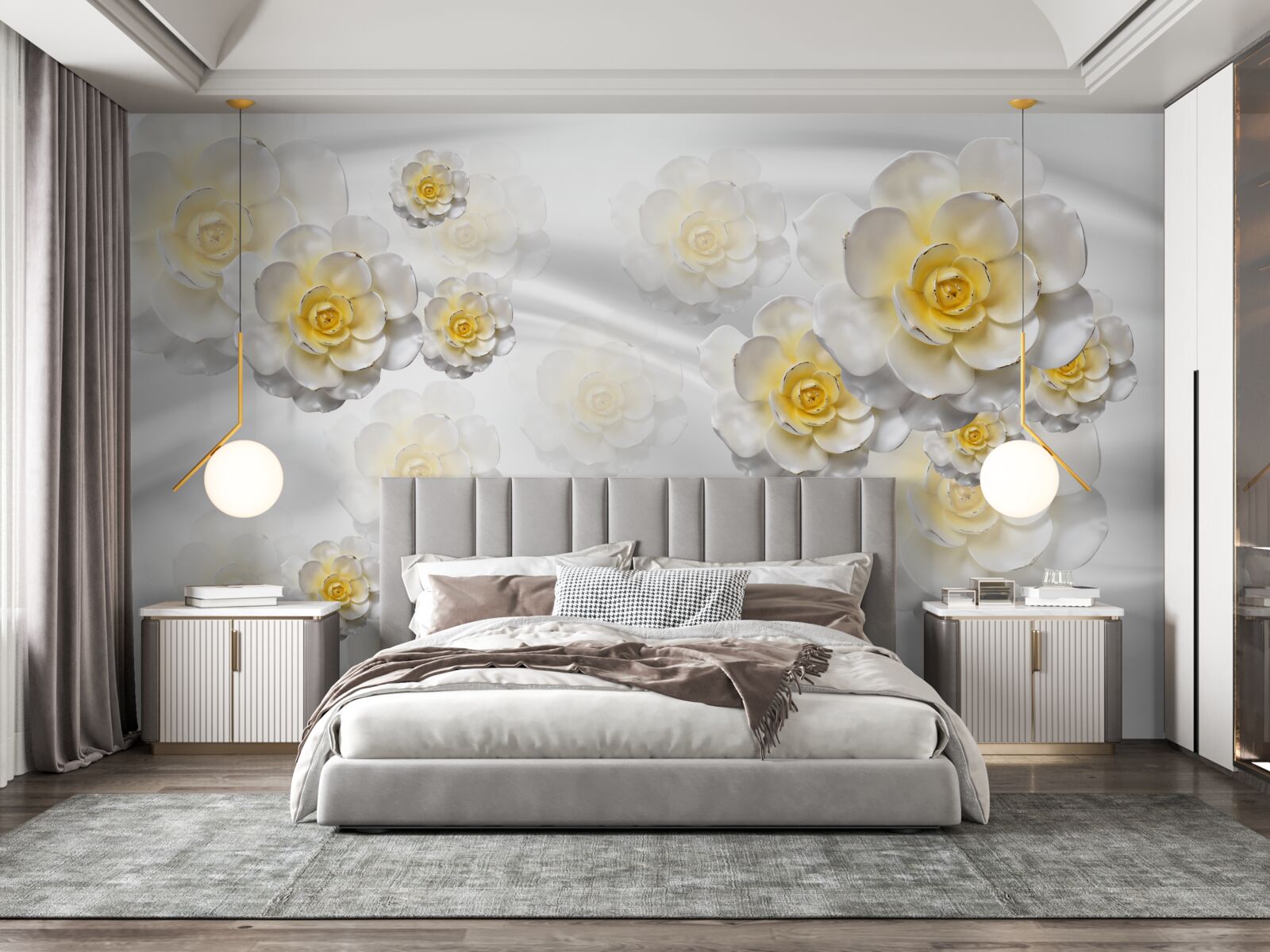 Fotobehang de bloemen zijn sneeuwwit met een geelachtig hart