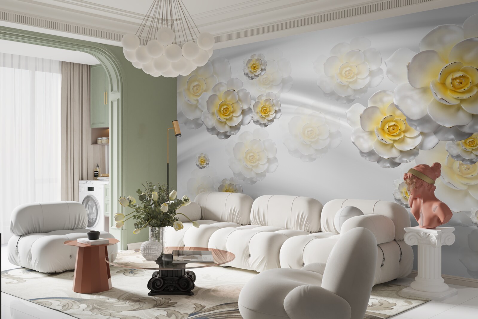 Fotobehang de bloemen zijn sneeuwwit met een geelachtig hart