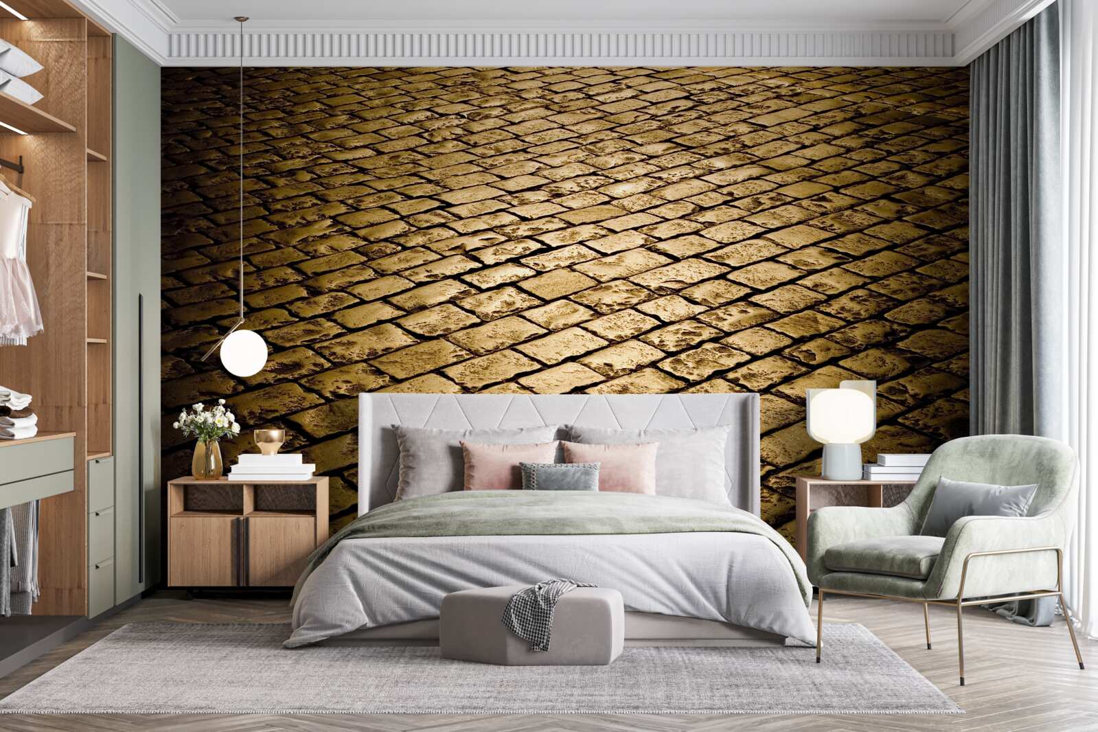 Fotobehang straatstenen gelegd in de avond