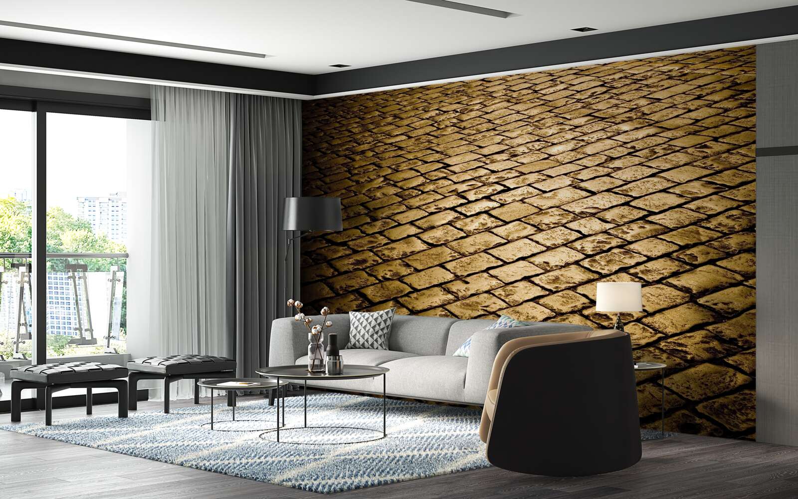 Fotobehang straatstenen gelegd in de avond