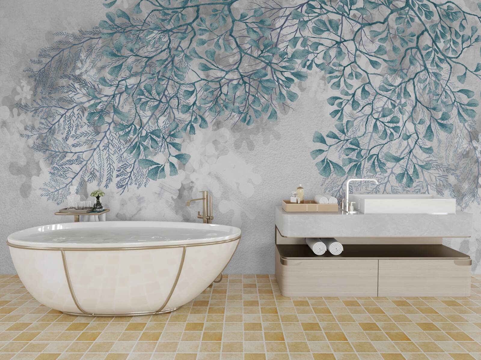 Fotobehang takken met turquoise bladeren zijn zichtbaar op een lichte achtergrond