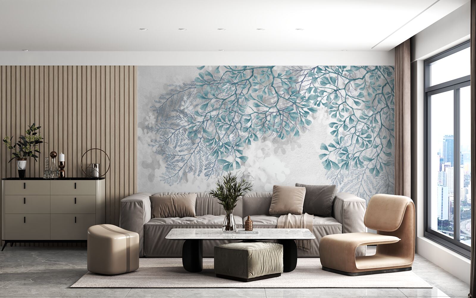 Fotobehang takken met turquoise bladeren zijn zichtbaar op een lichte achtergrond