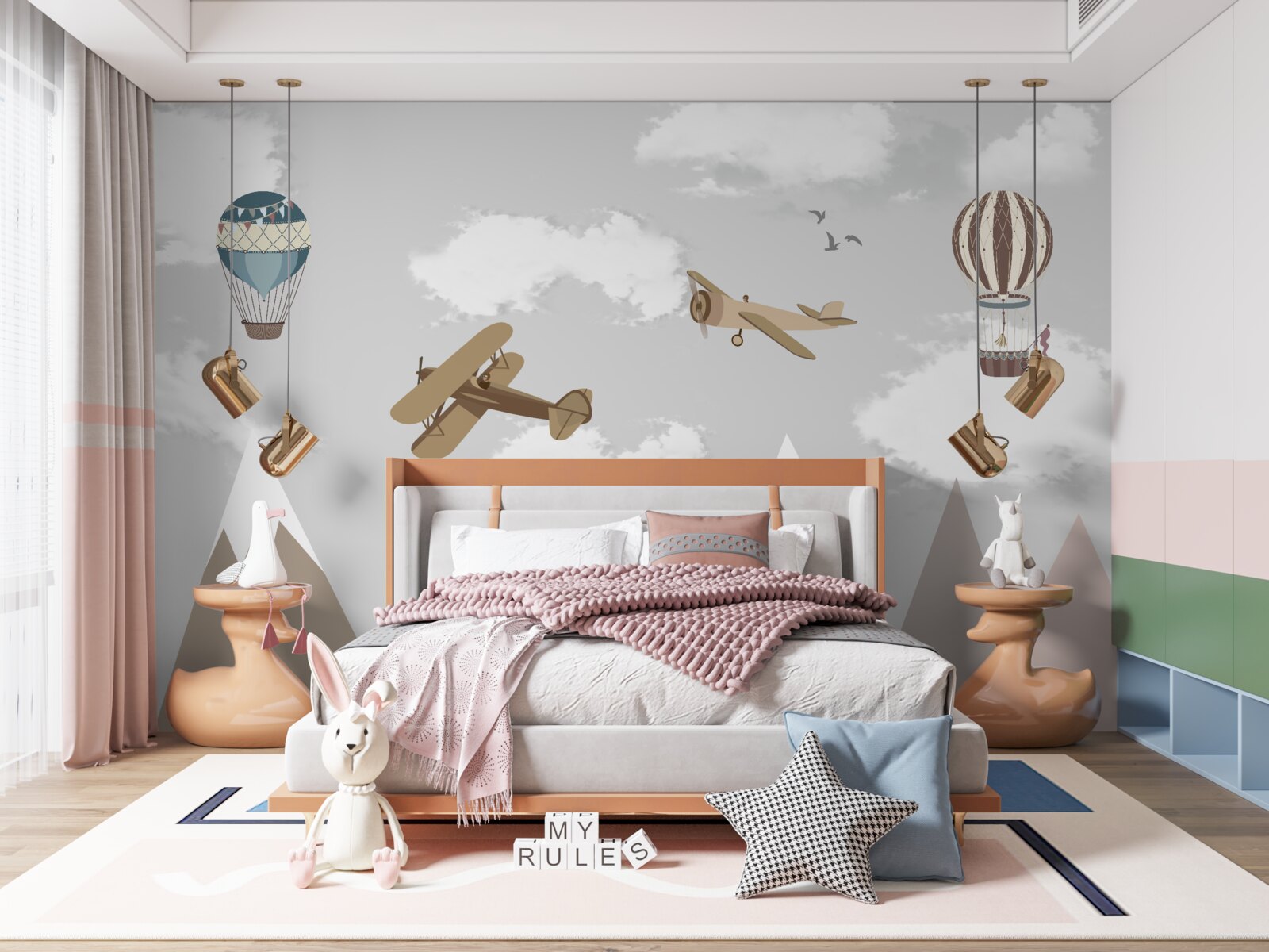 Fotobehang apparaten die boven bergtoppen zweven