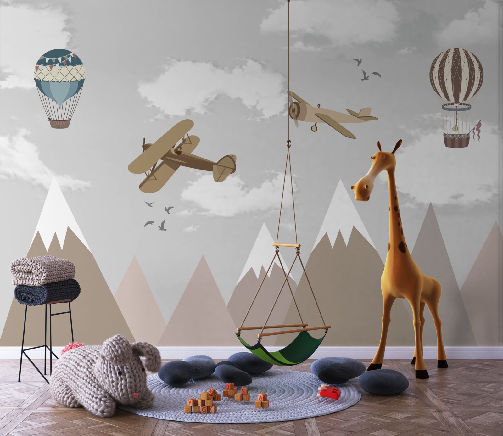 Fotobehang apparaten die boven bergtoppen zweven