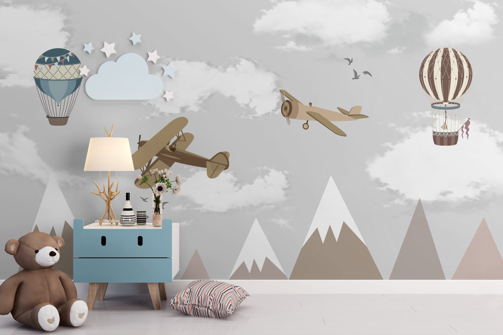 Fotobehang apparaten die boven bergtoppen zweven