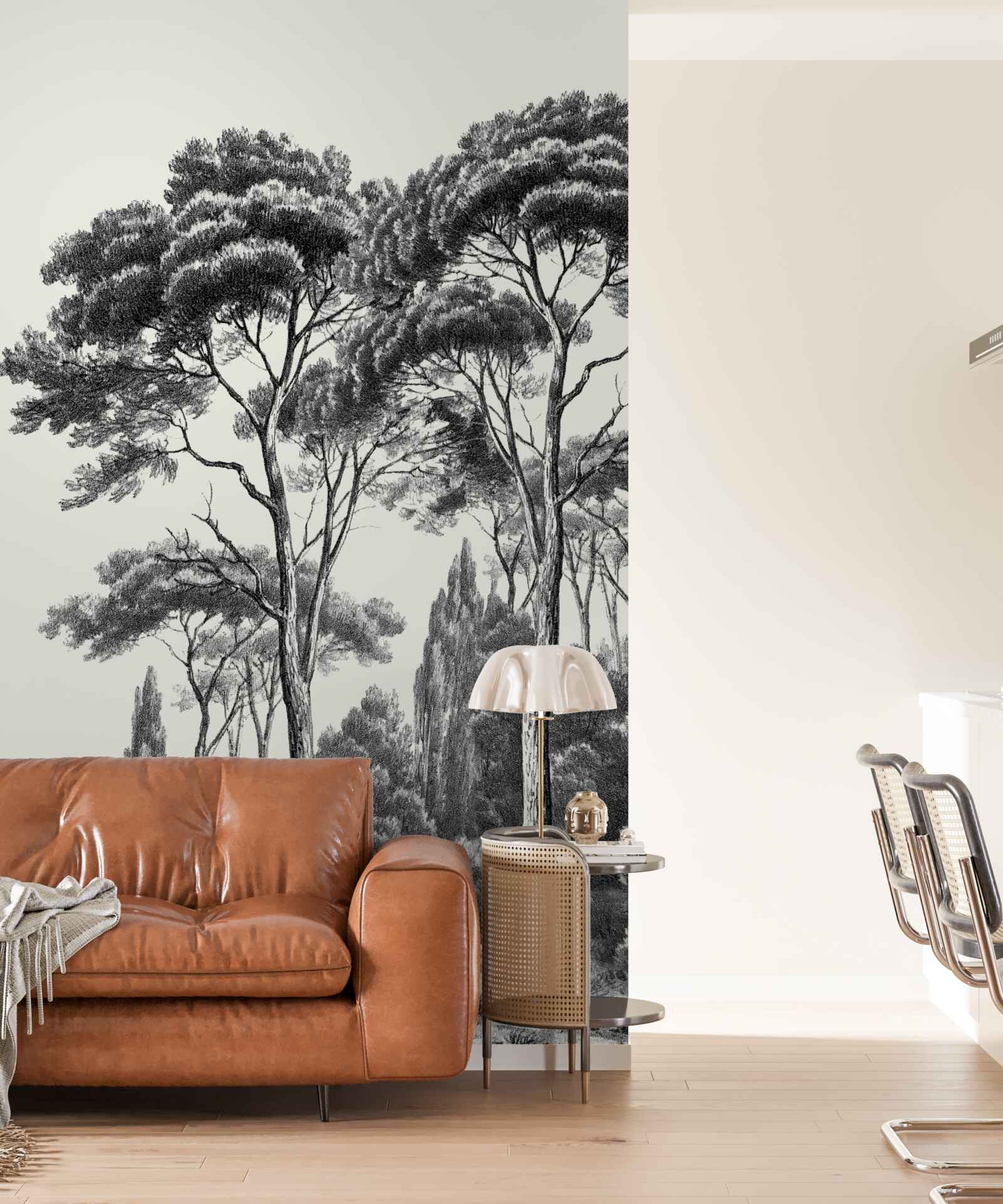 Fotobehang pijnbomen uit italië in zwart-wit tinten