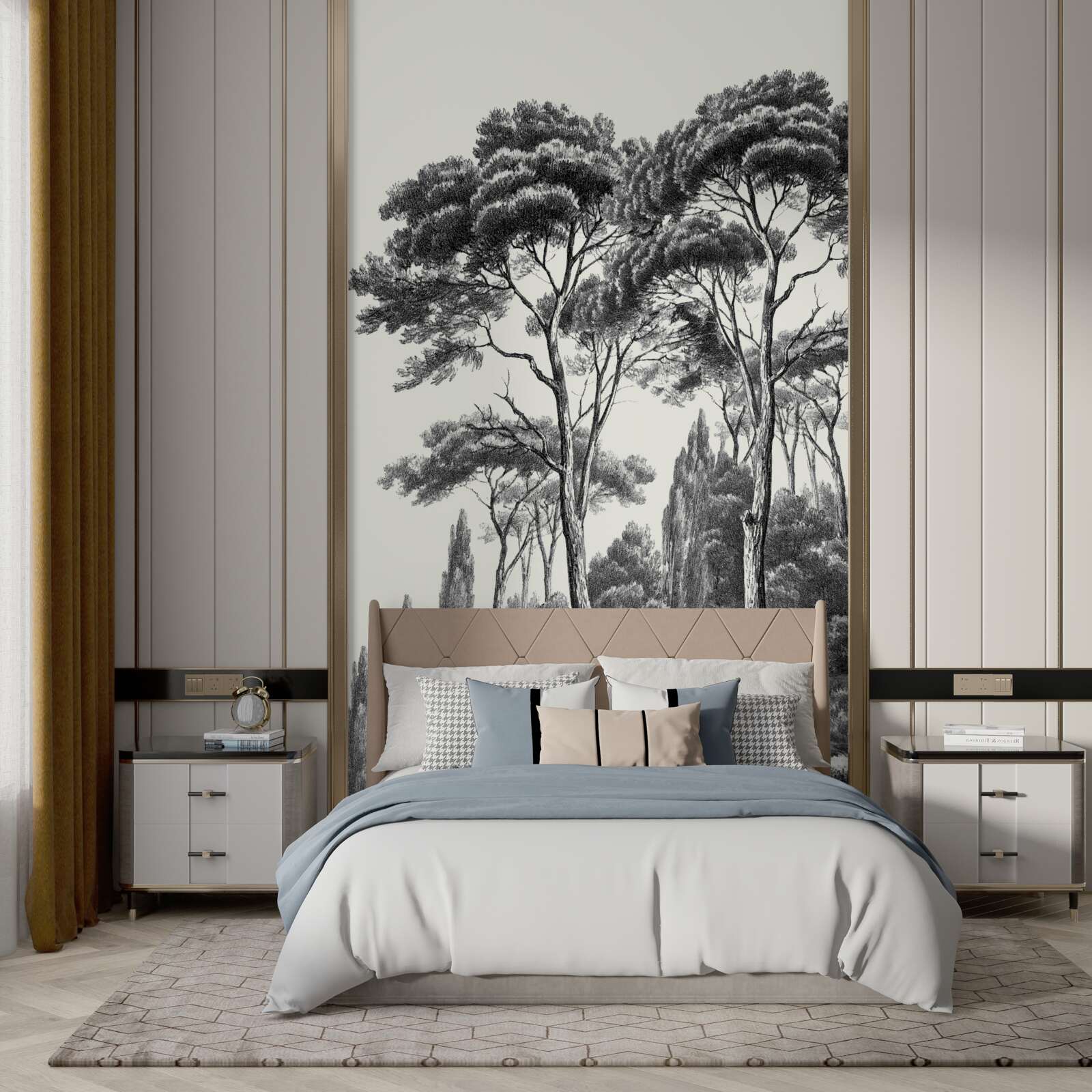 Fotobehang pijnbomen uit italië in zwart-wit tinten