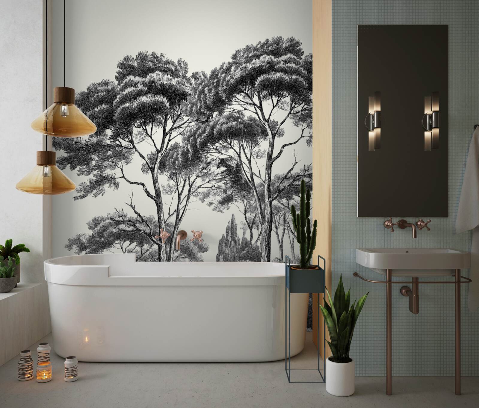 Fotobehang pijnbomen uit italië in zwart-wit tinten