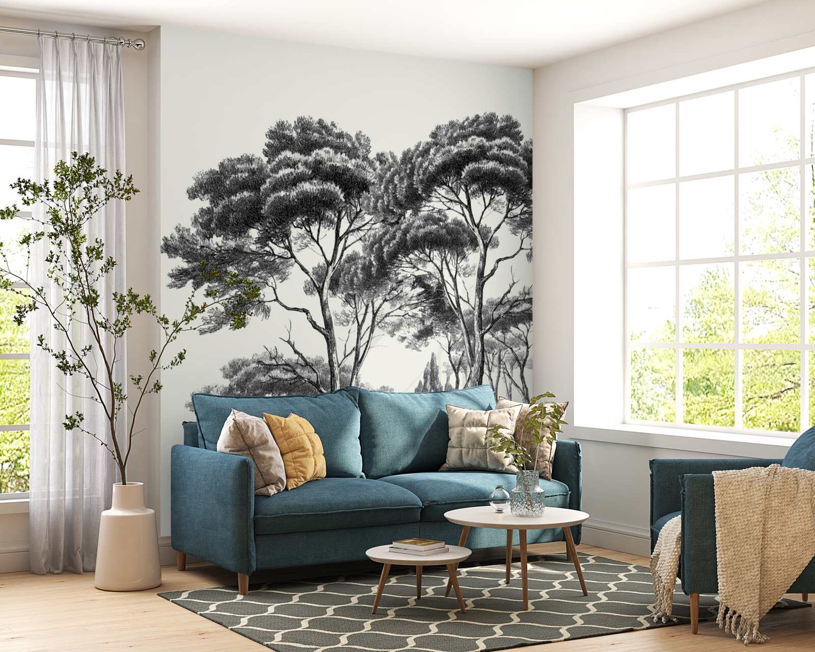 Fotobehang pijnbomen uit italië in zwart-wit tinten