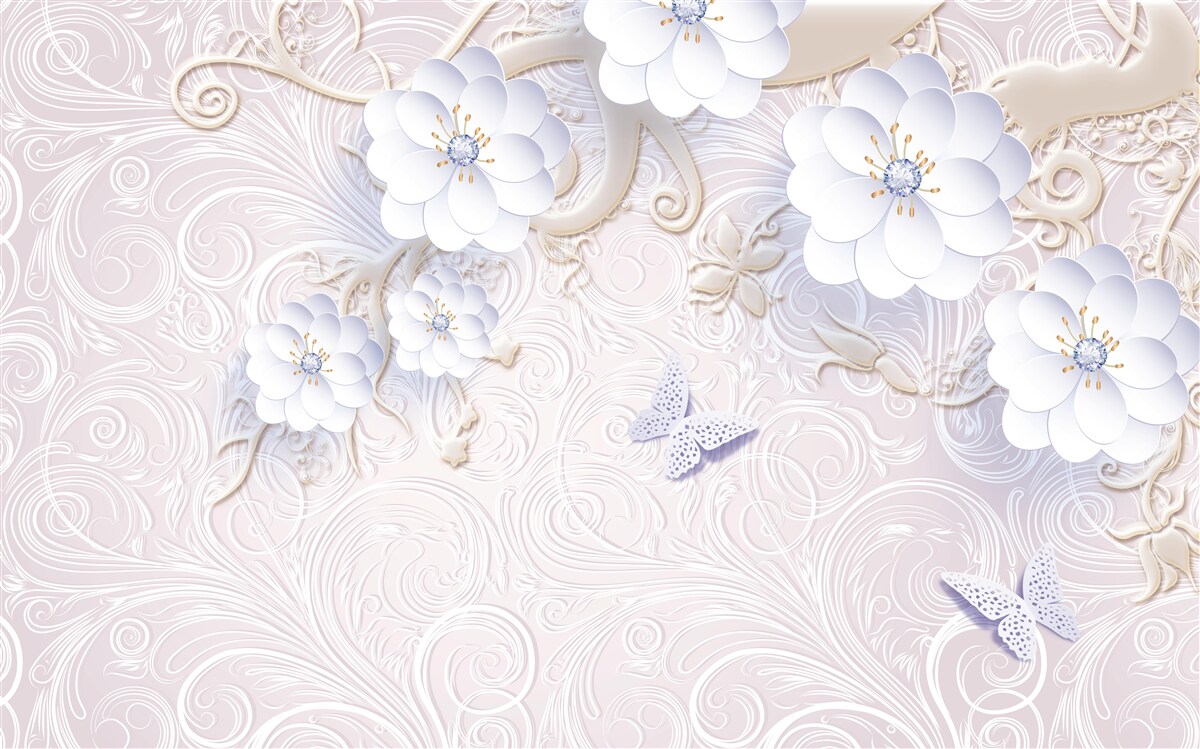 Fotobehang sneeuwwitte bloemen en vlinders zweven in de lucht