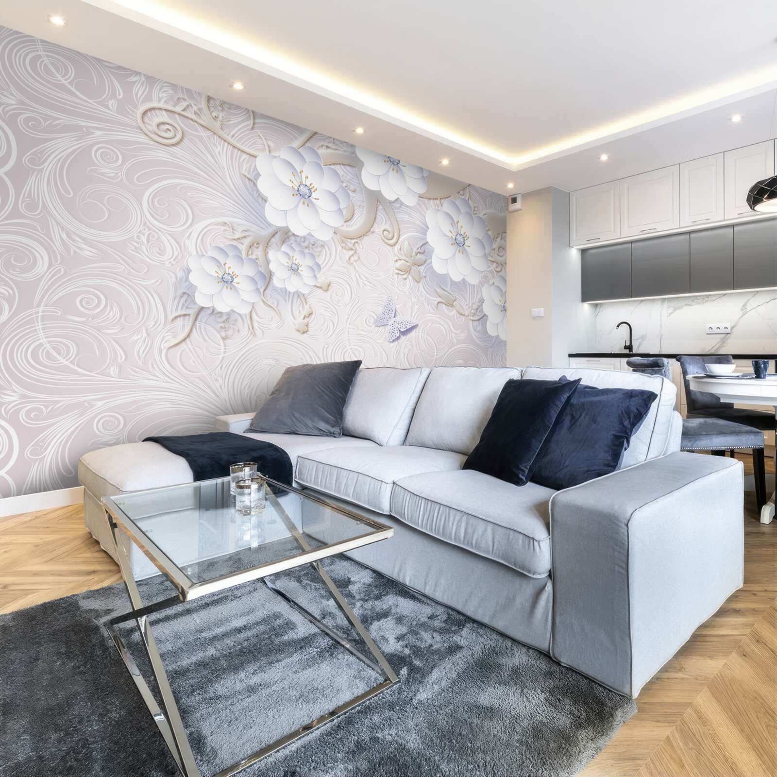 Fotobehang sneeuwwitte bloemen en vlinders zweven in de lucht