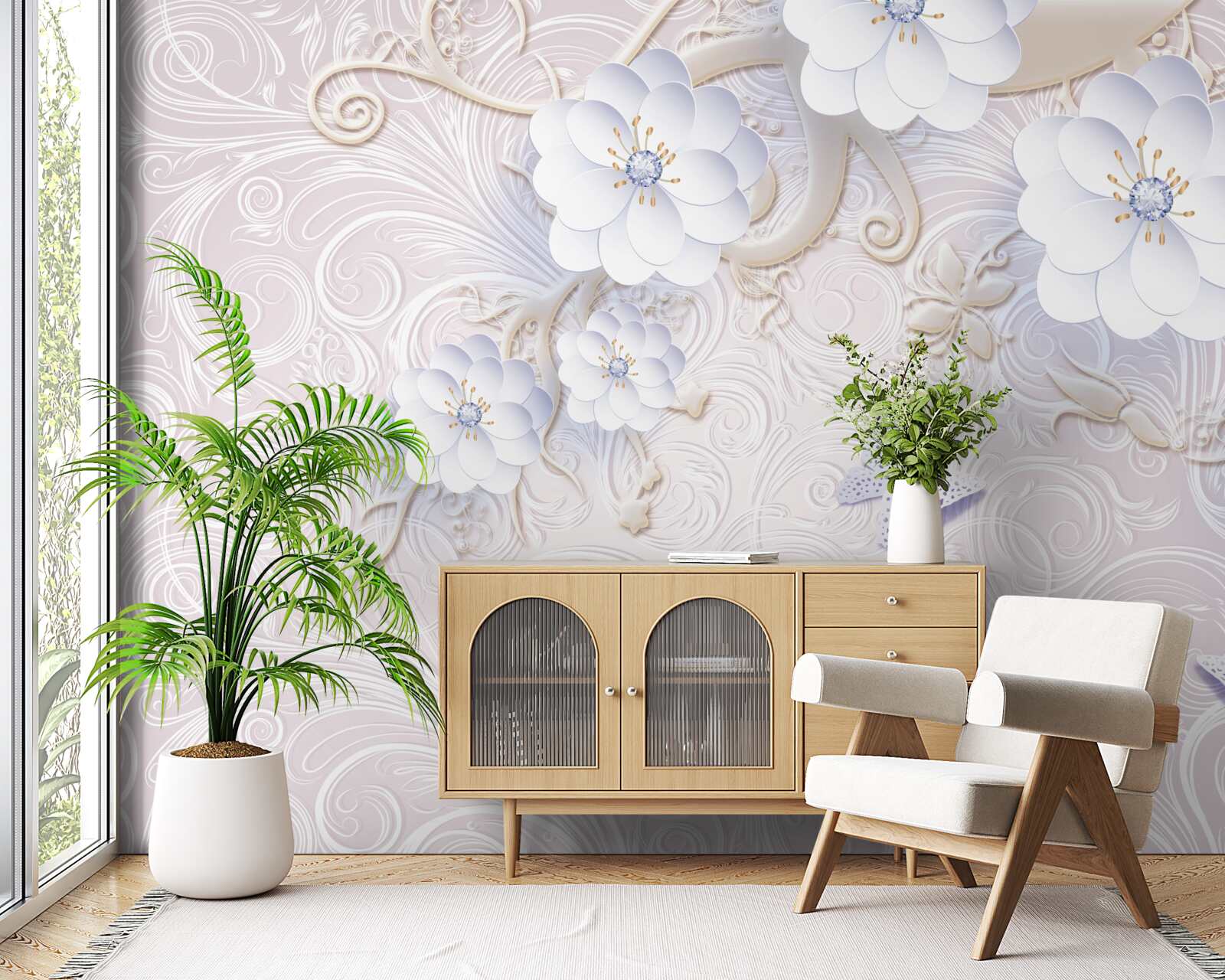 Fotobehang sneeuwwitte bloemen en vlinders zweven in de lucht