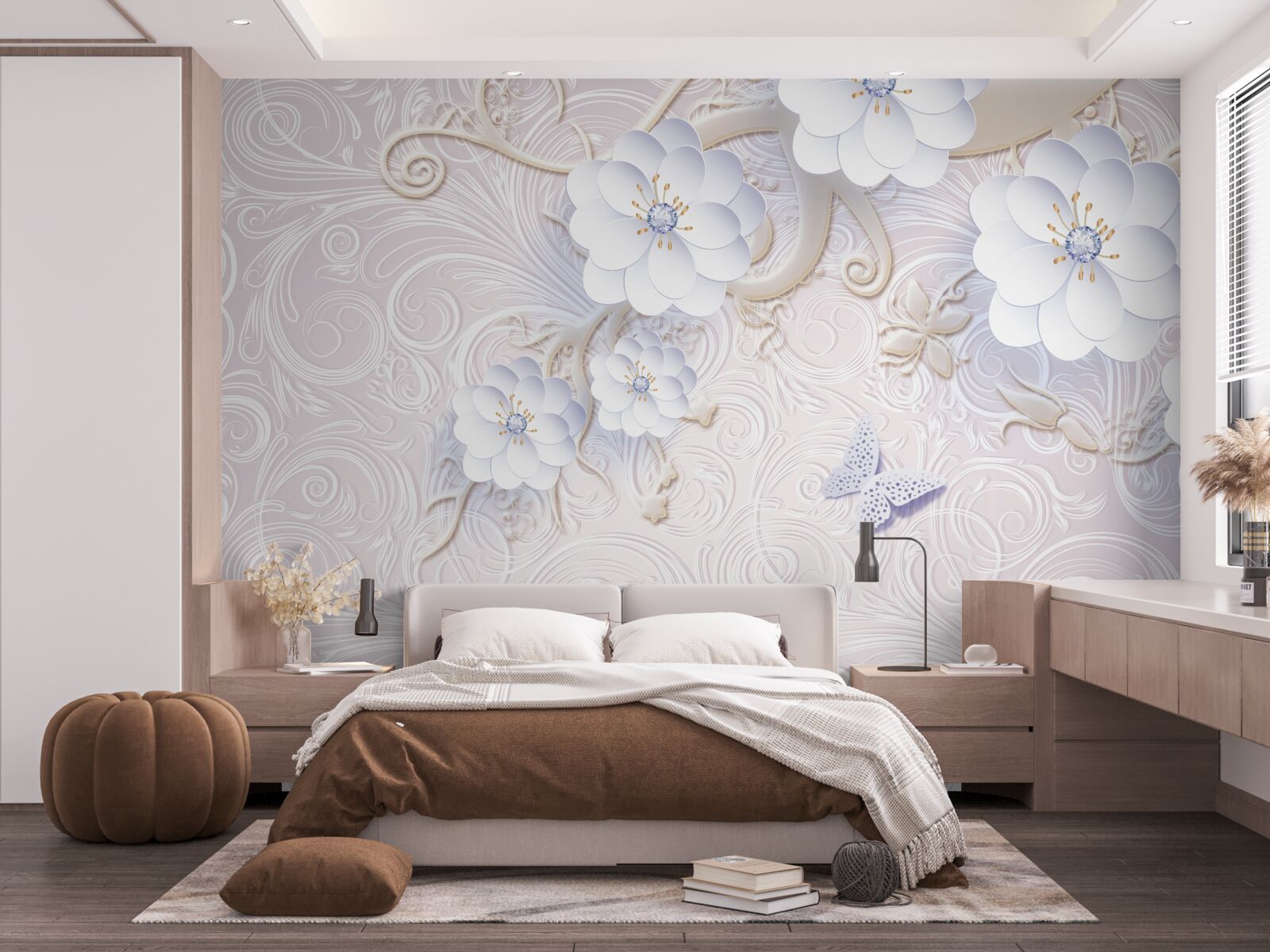 Fotobehang sneeuwwitte bloemen en vlinders zweven in de lucht