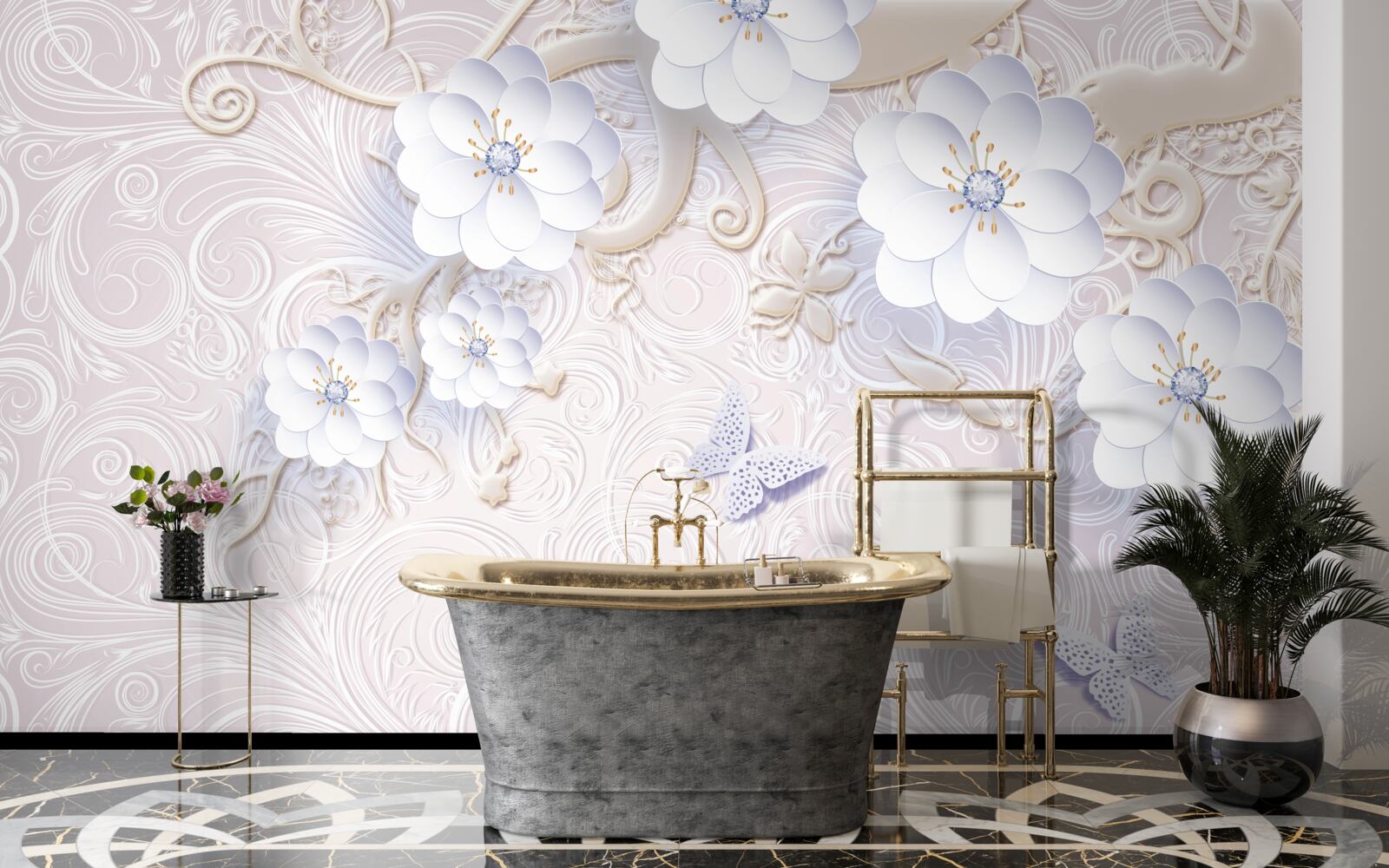 Fotobehang sneeuwwitte bloemen en vlinders zweven in de lucht