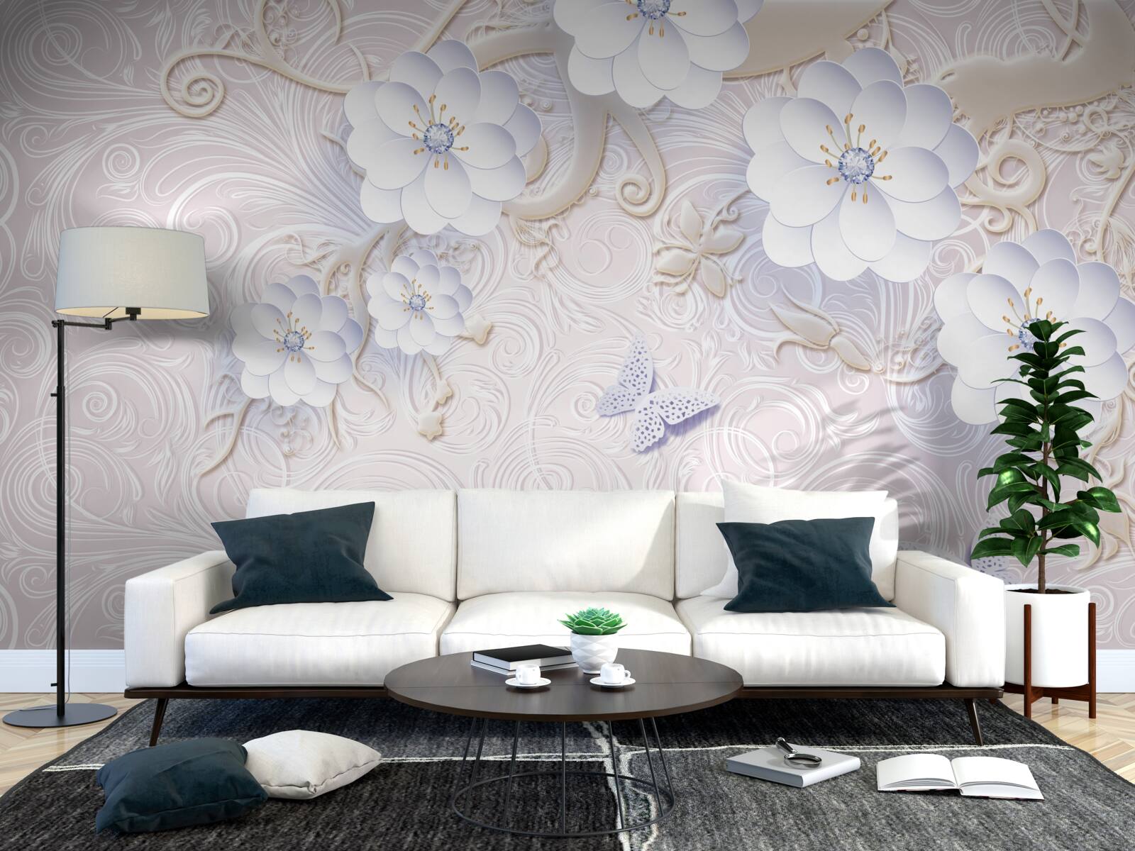 Fotobehang sneeuwwitte bloemen en vlinders zweven in de lucht